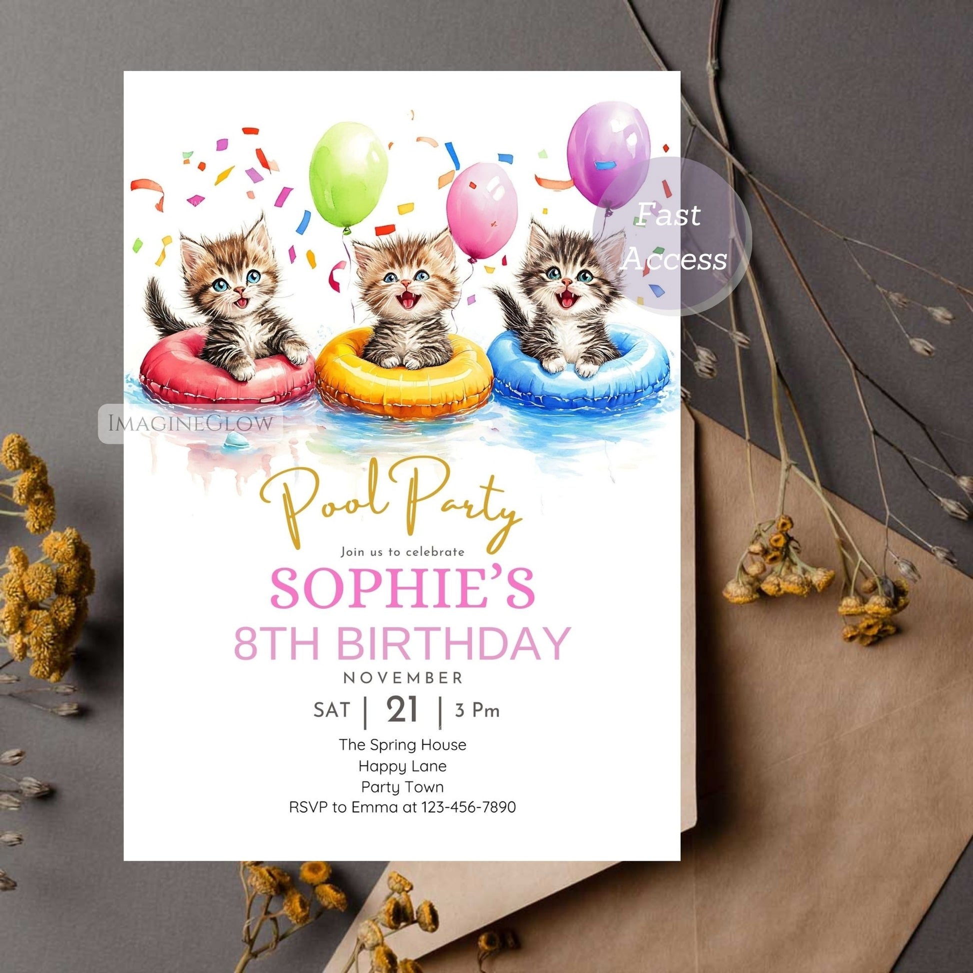 Digital kitten birthday invitation for instant download.