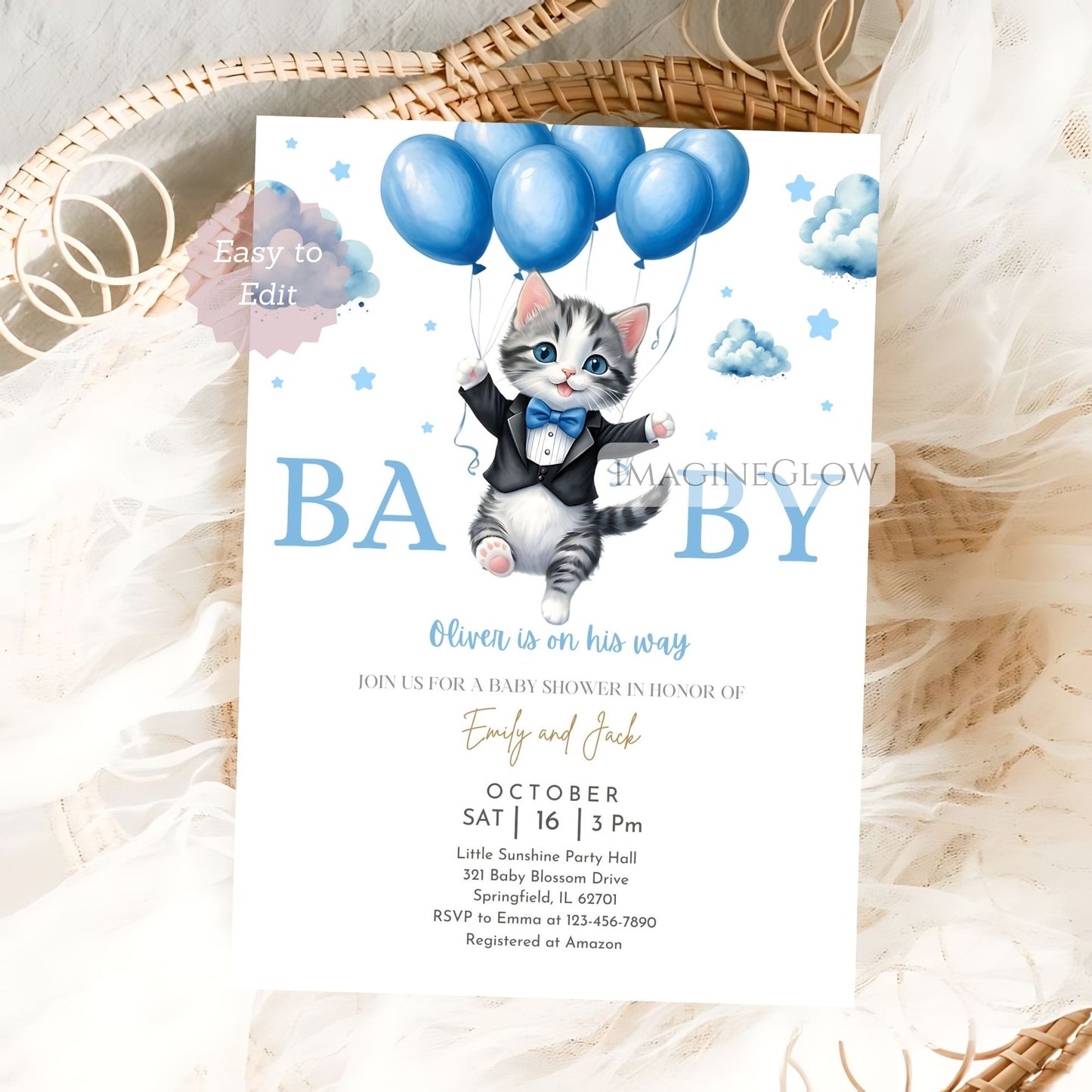 baby boy cat shower digital invite