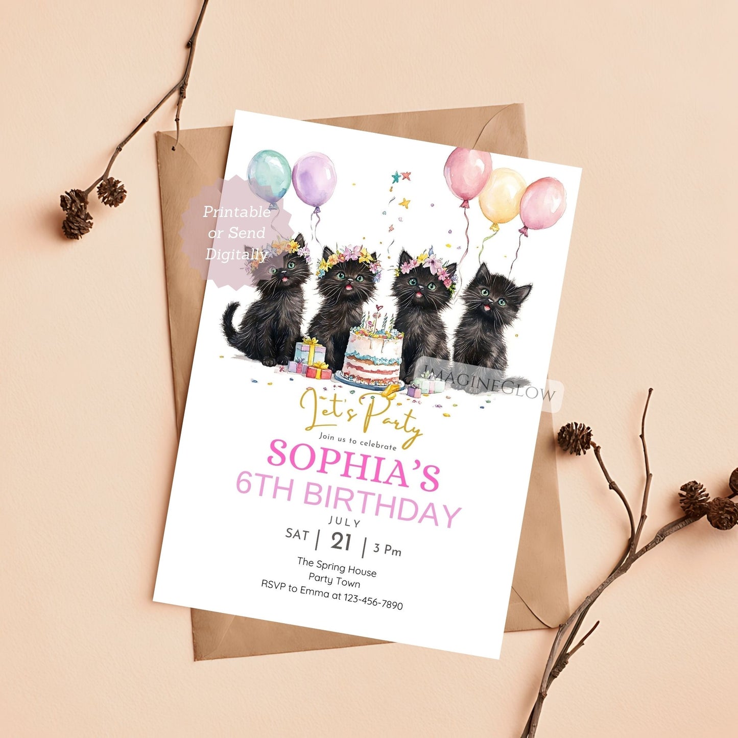 printable black kitten birthday party invite
digital black kitten invitation editable download
