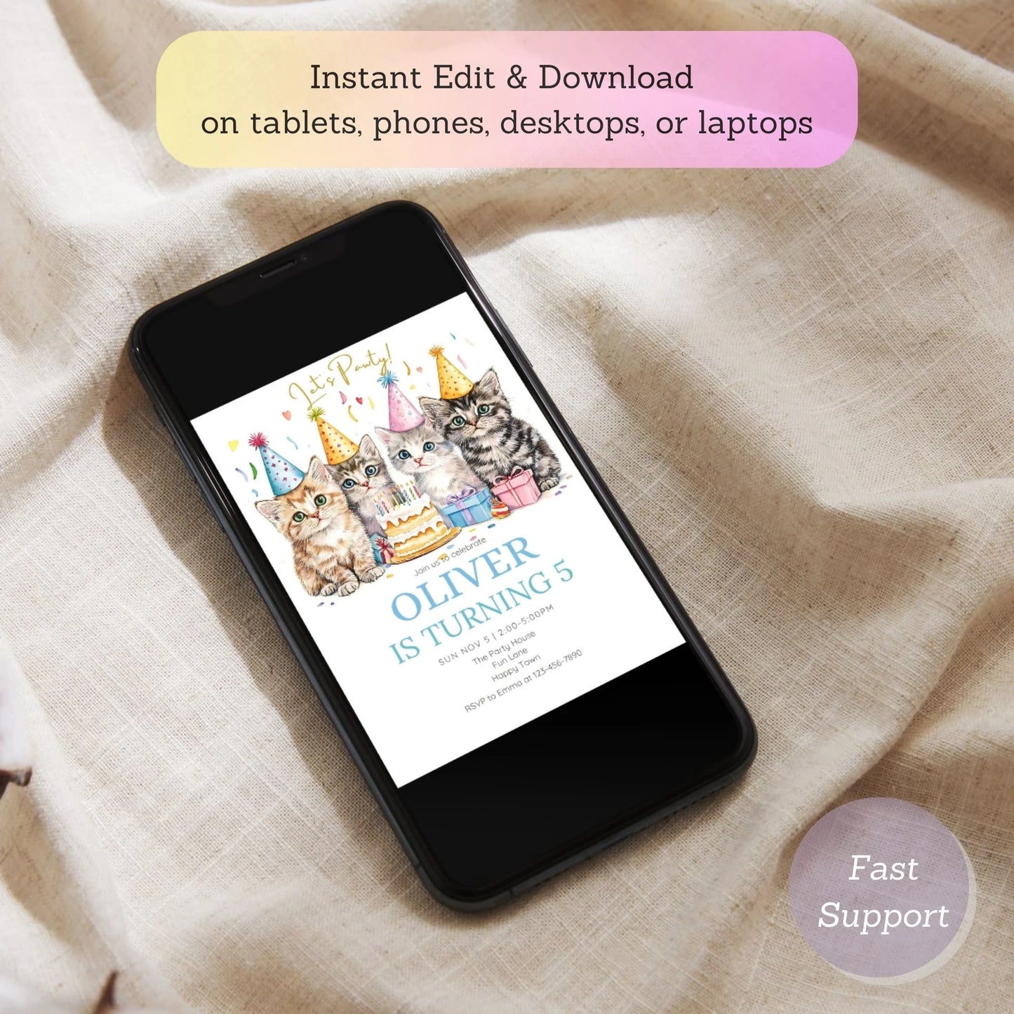 Printable cats party invitation featuring charming kitty illustrations.
