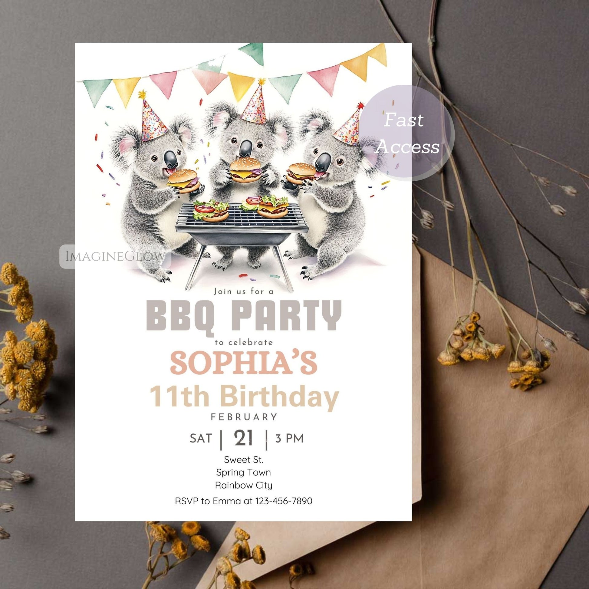 Cute koala grilling food on a BBQ-themed birthday invite.