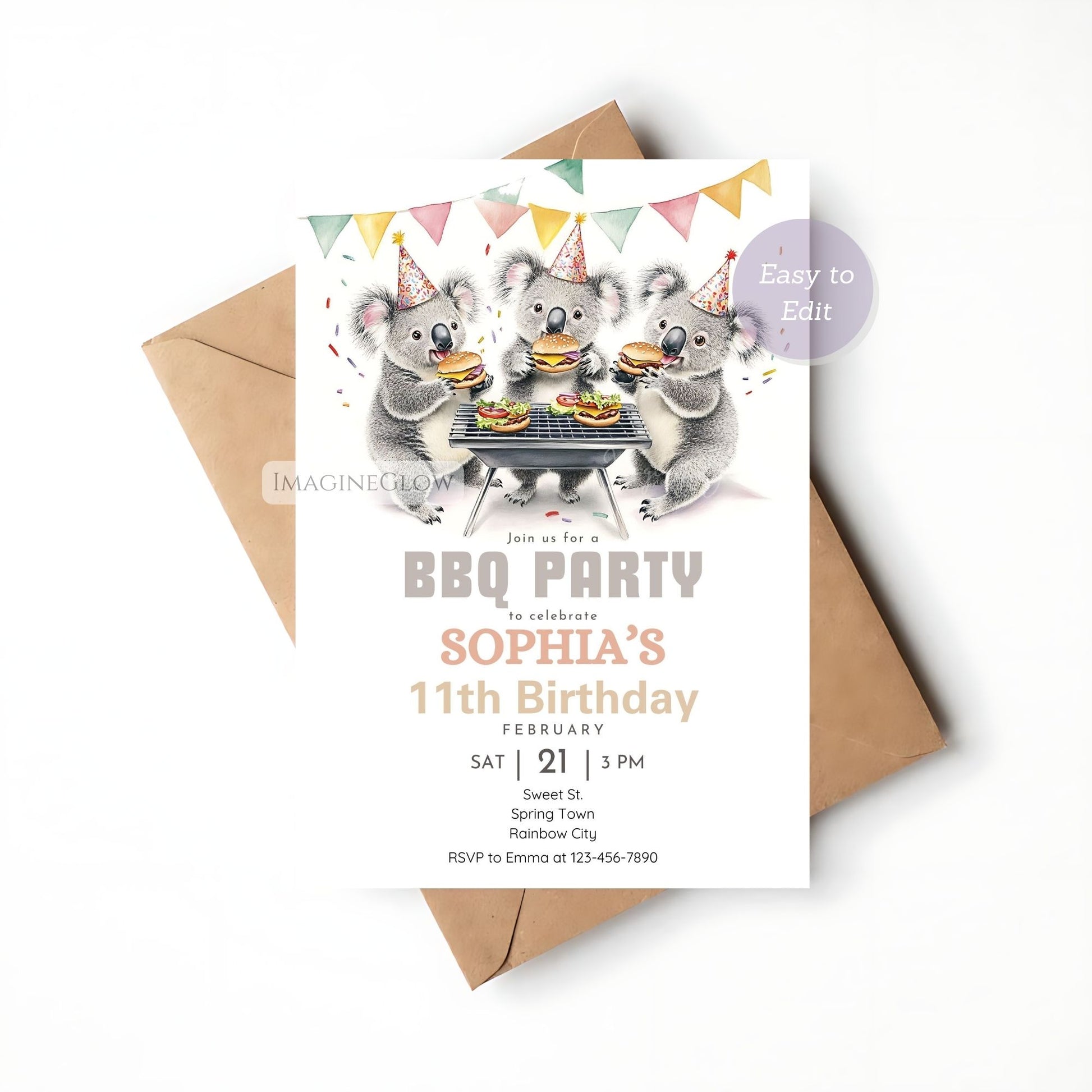 Printable koala party invitation for backyard celebrations.