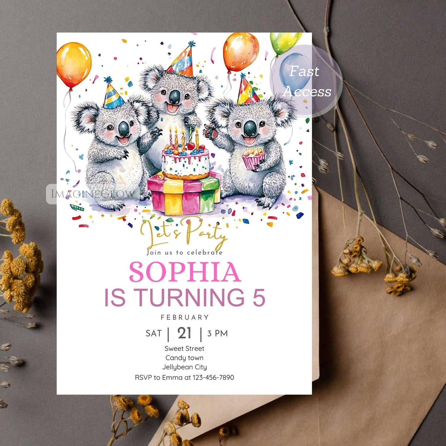 Personalized Koala Birthday Invitation - Customizable
