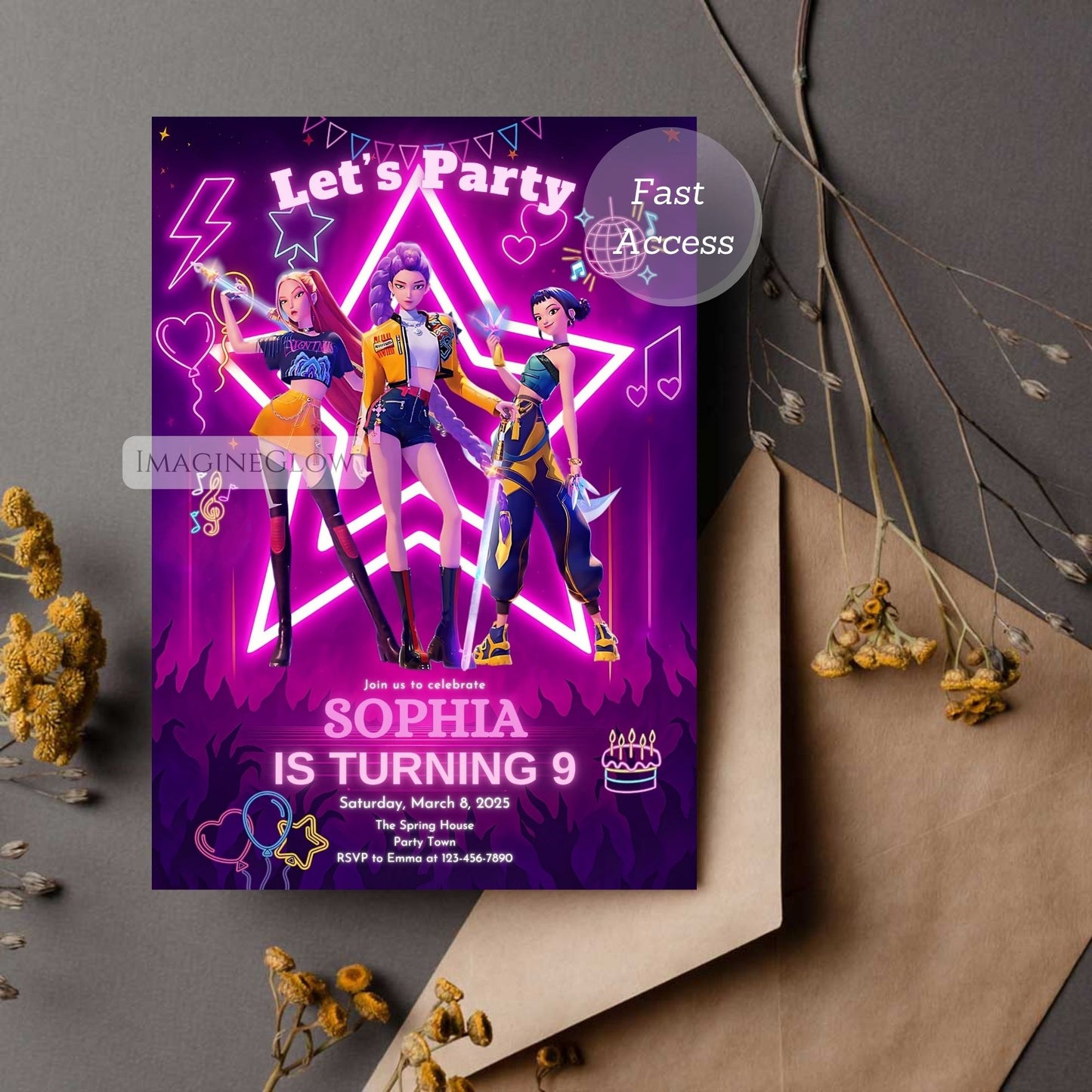 Party invitation card with three animated characters on a purple background