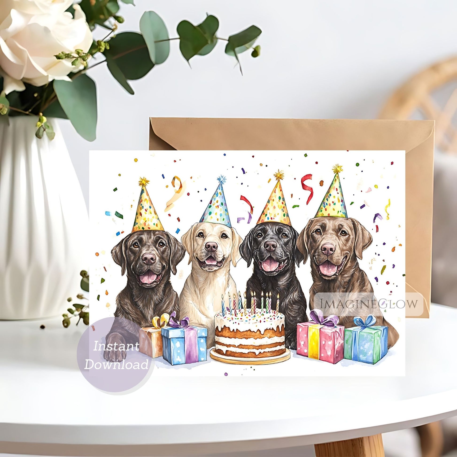 Birthday card with four dogs wearing party hats around a cake and presents