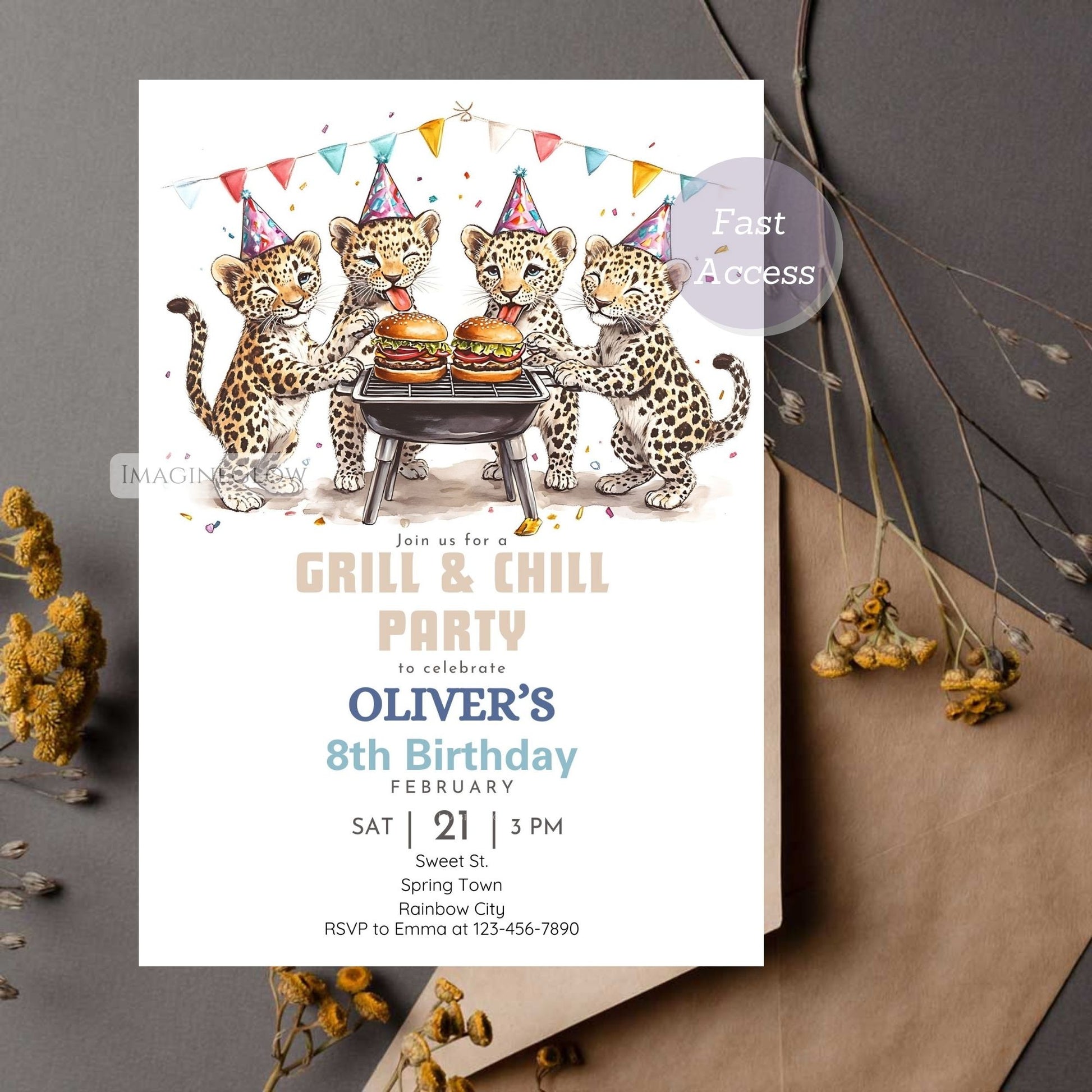 Leopard party invitation with a BBQ, balloons, and festive decor.