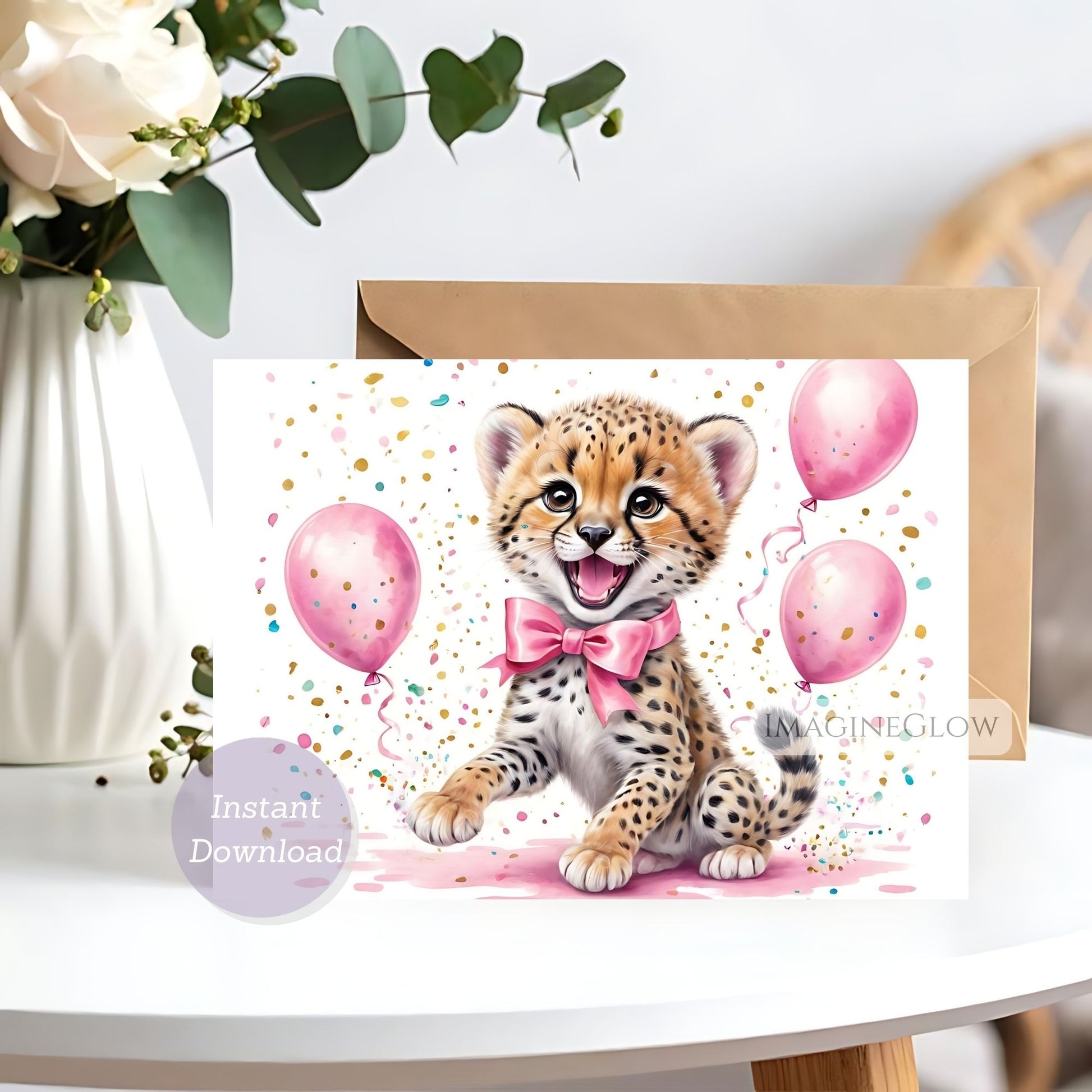 Greeting card with a cheetah illustration and balloons on a white surface.