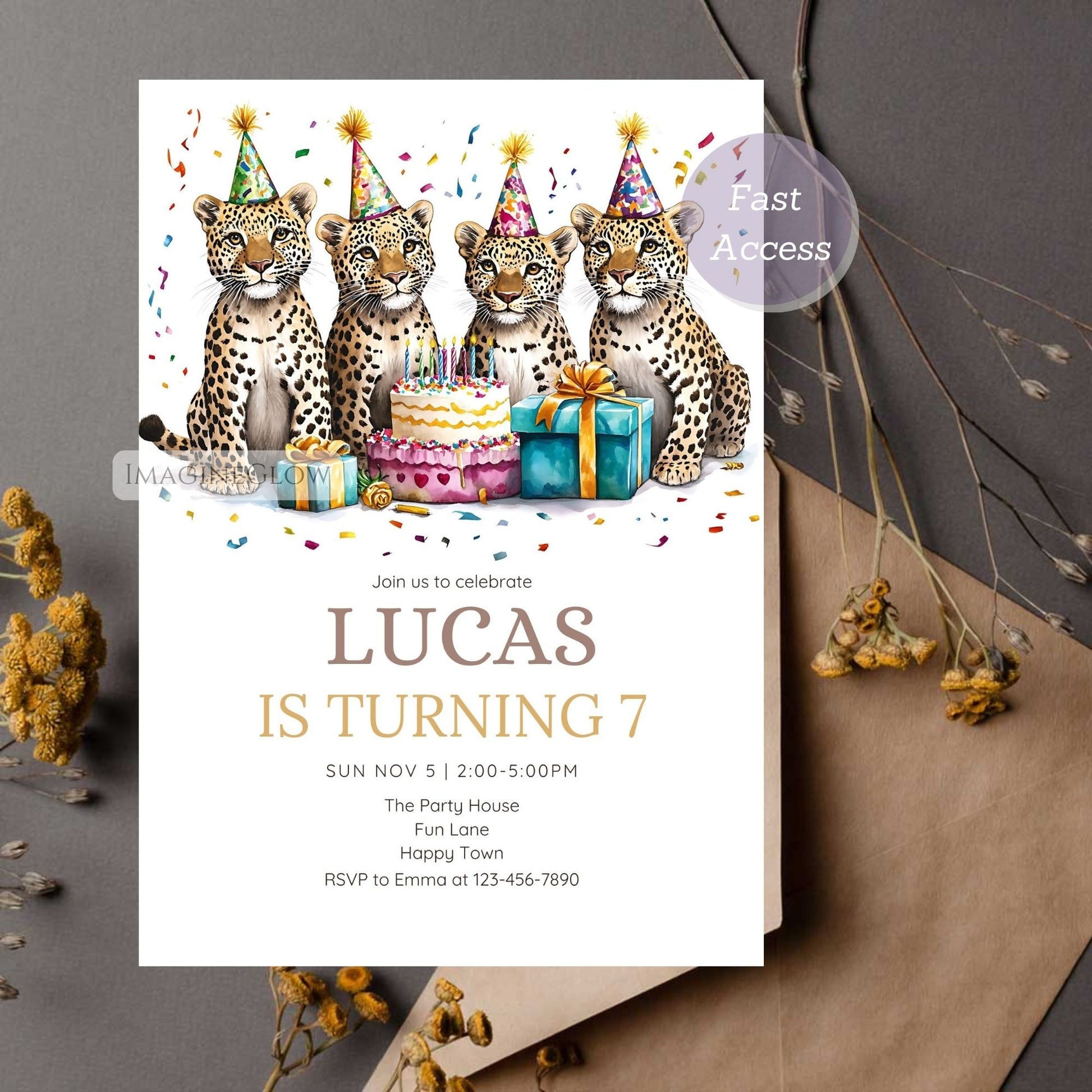 Leopard print birthday invitation for kids
Customizable safari birthday party card