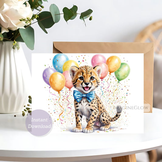 Card with a cheetah wearing a bow tie and balloons on a white background.