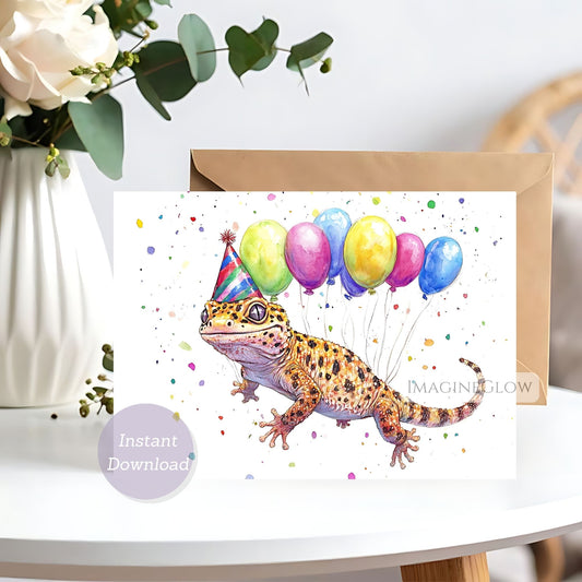 Greeting card with a gecko wearing a party hat and balloons, on a white background.