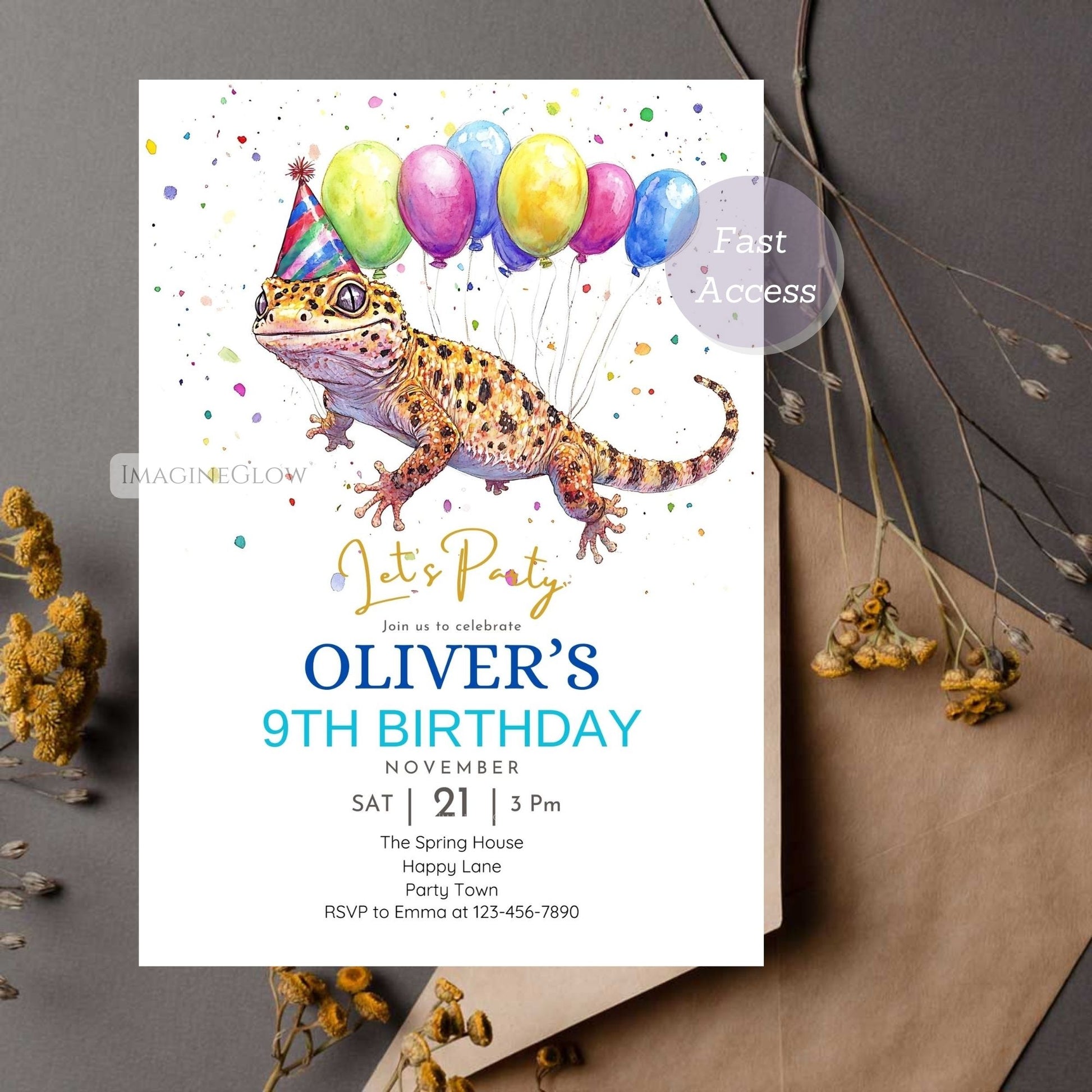 Cute reptile-themed birthday invite featuring a leopard gecko.