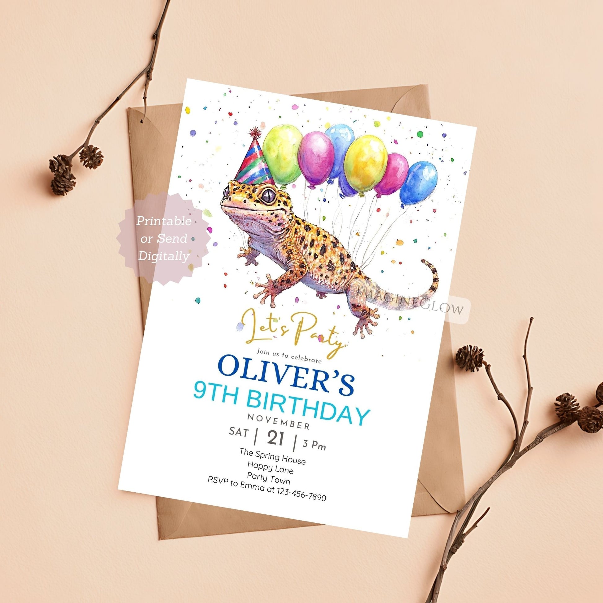 Leopard gecko birthday invitation with fun party decorations.
Reptile-themed birthday invite with a playful leopard gecko.