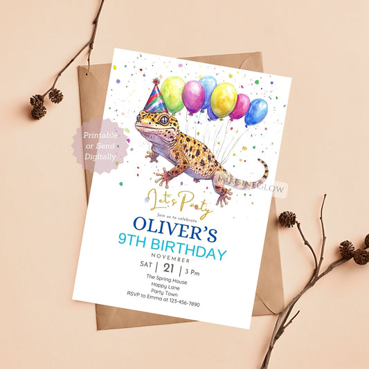 Leopard gecko birthday invitation with fun party decorations.
Reptile-themed birthday invite with a playful leopard gecko.