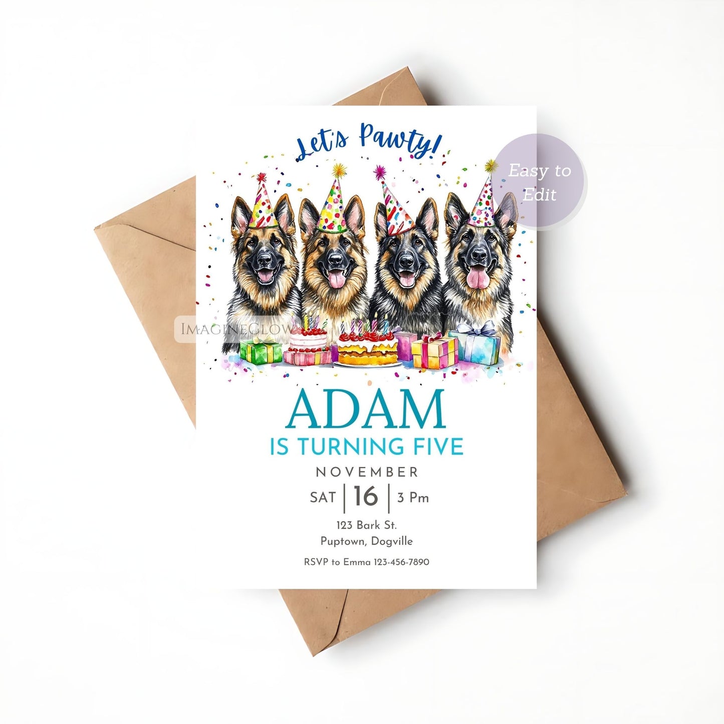 German Shepherd Dog Birthday Invitation Template - Editable Dog Party Invite - Printable Canva Design