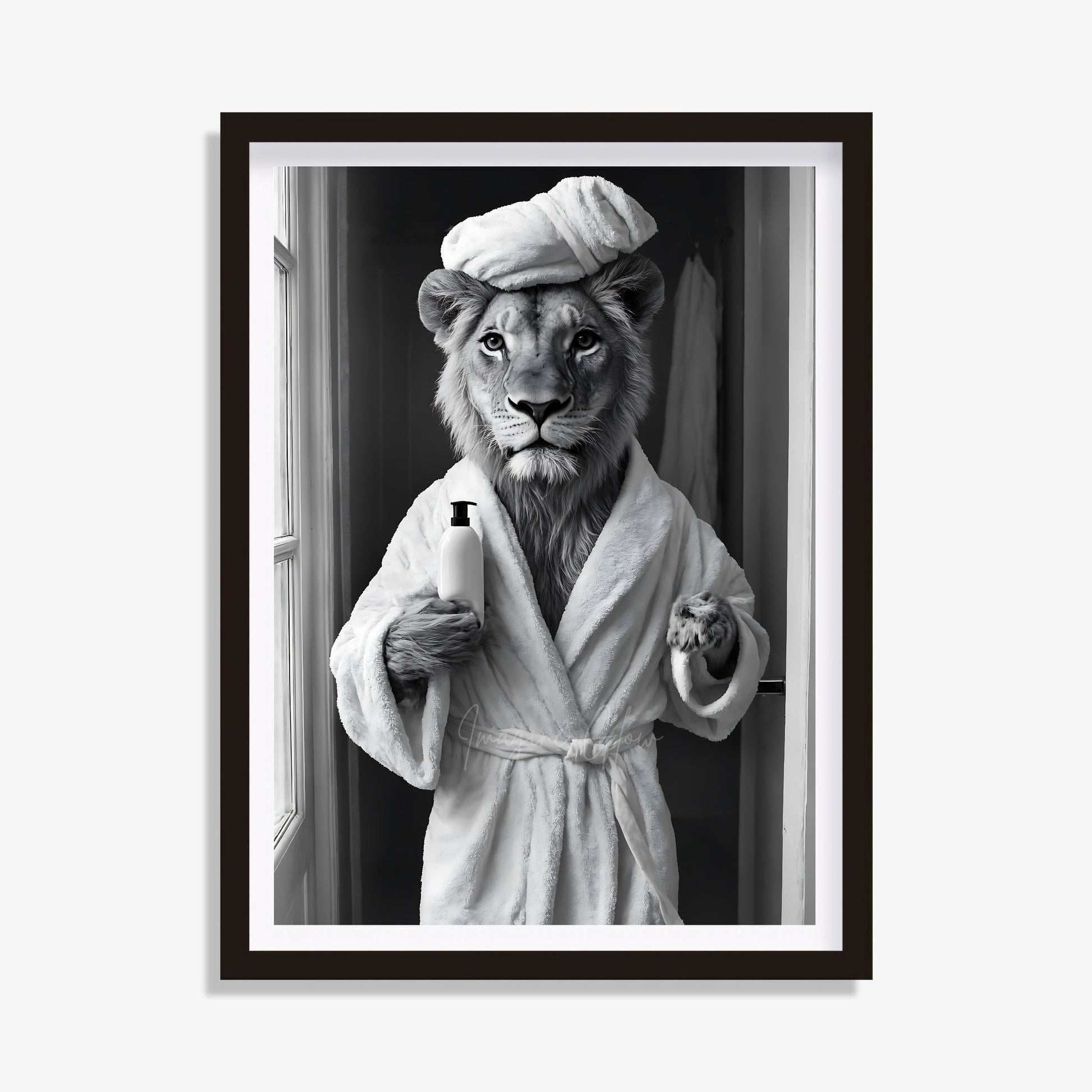 Funny toilet art featuring a lion in a bathtub for restroom wall art.