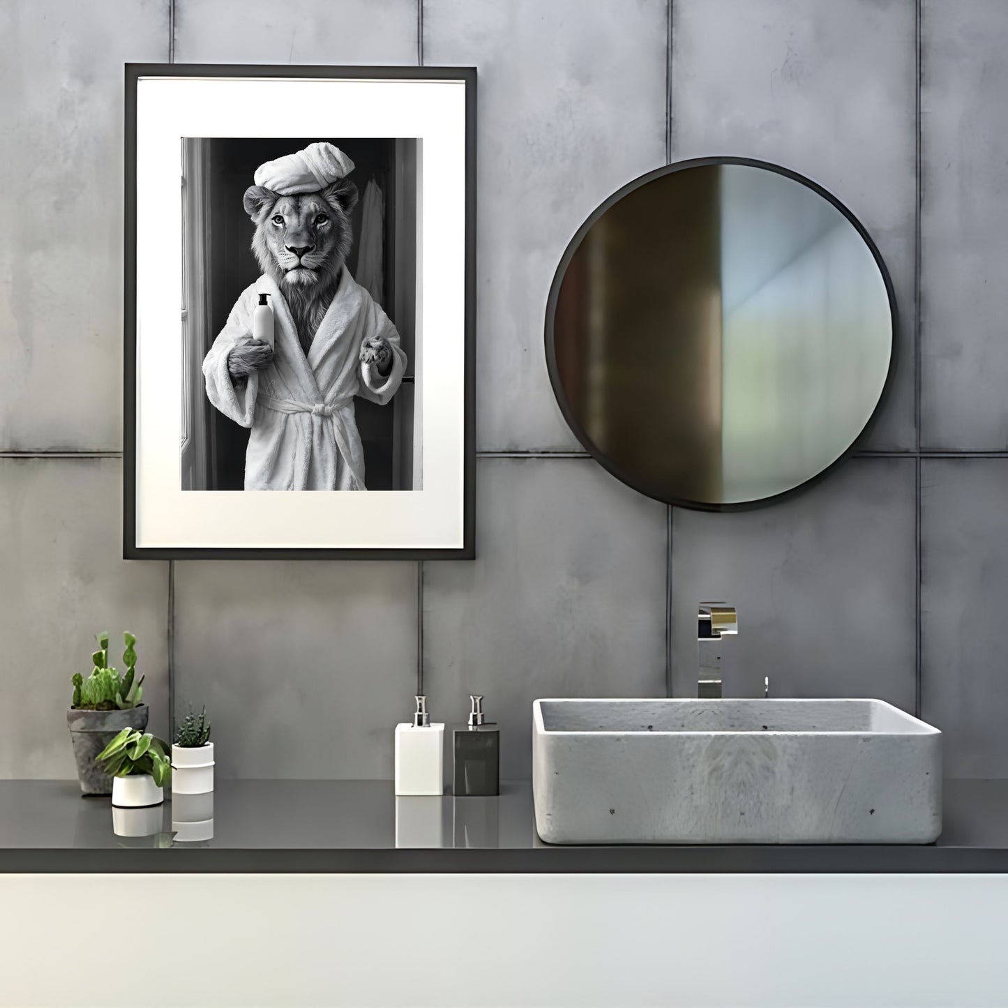 Animal bathroom print with a lion taking a bath in black and white.
