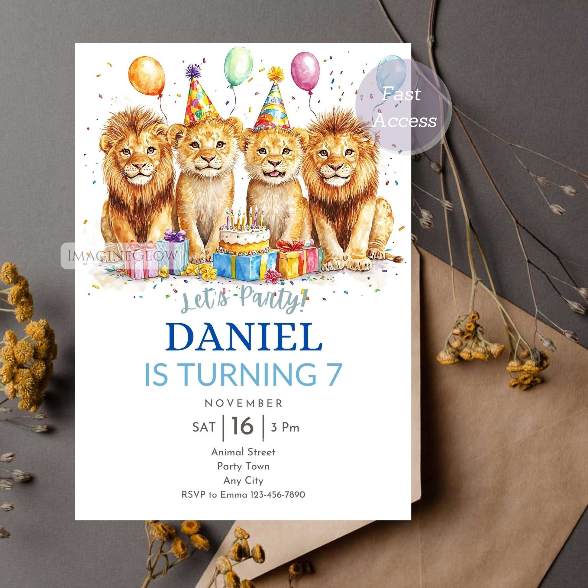 Safari Animal Birthday Party Invitation - Lion Design