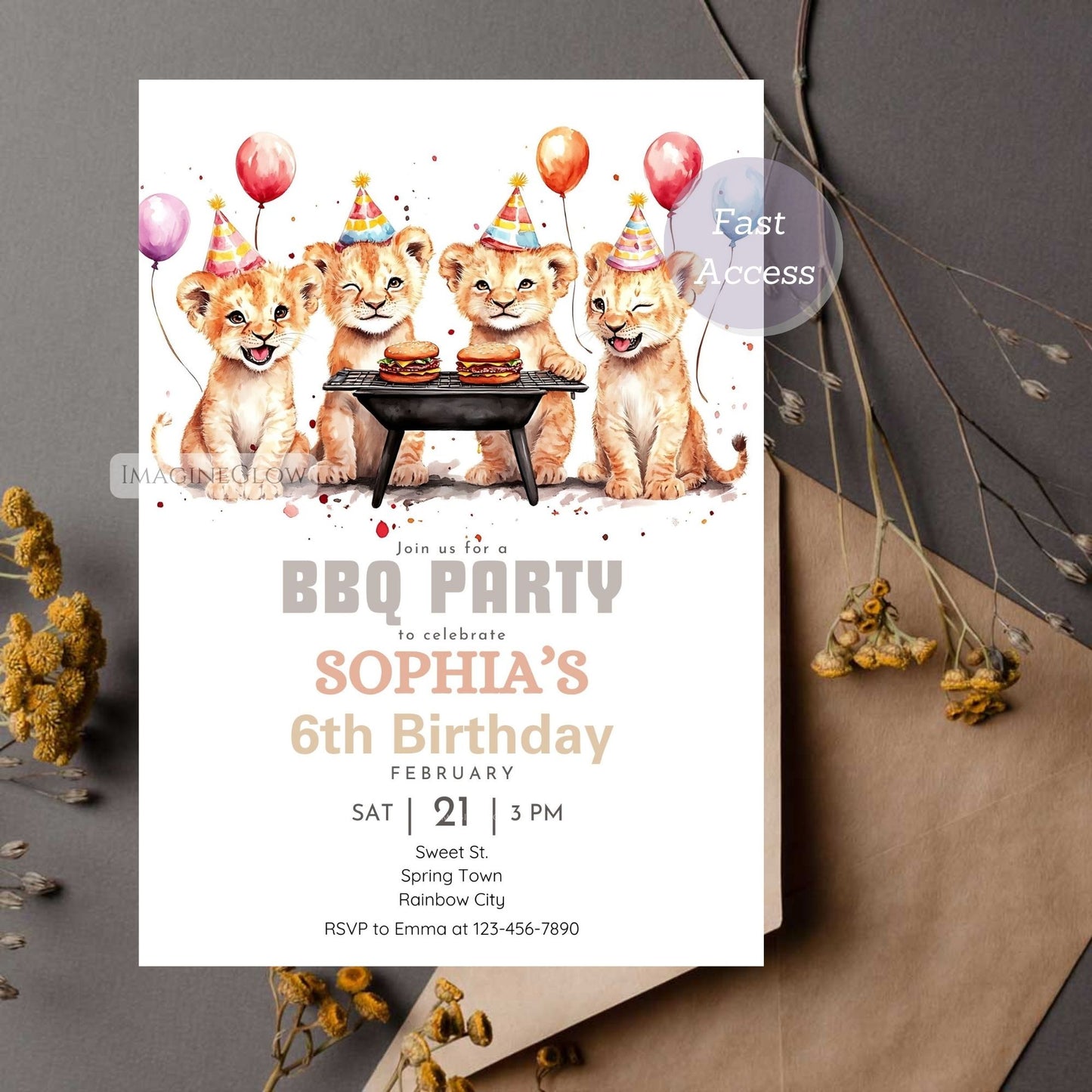 Lion cubs grilling at a fun, outdoor birthday cookout invitation.