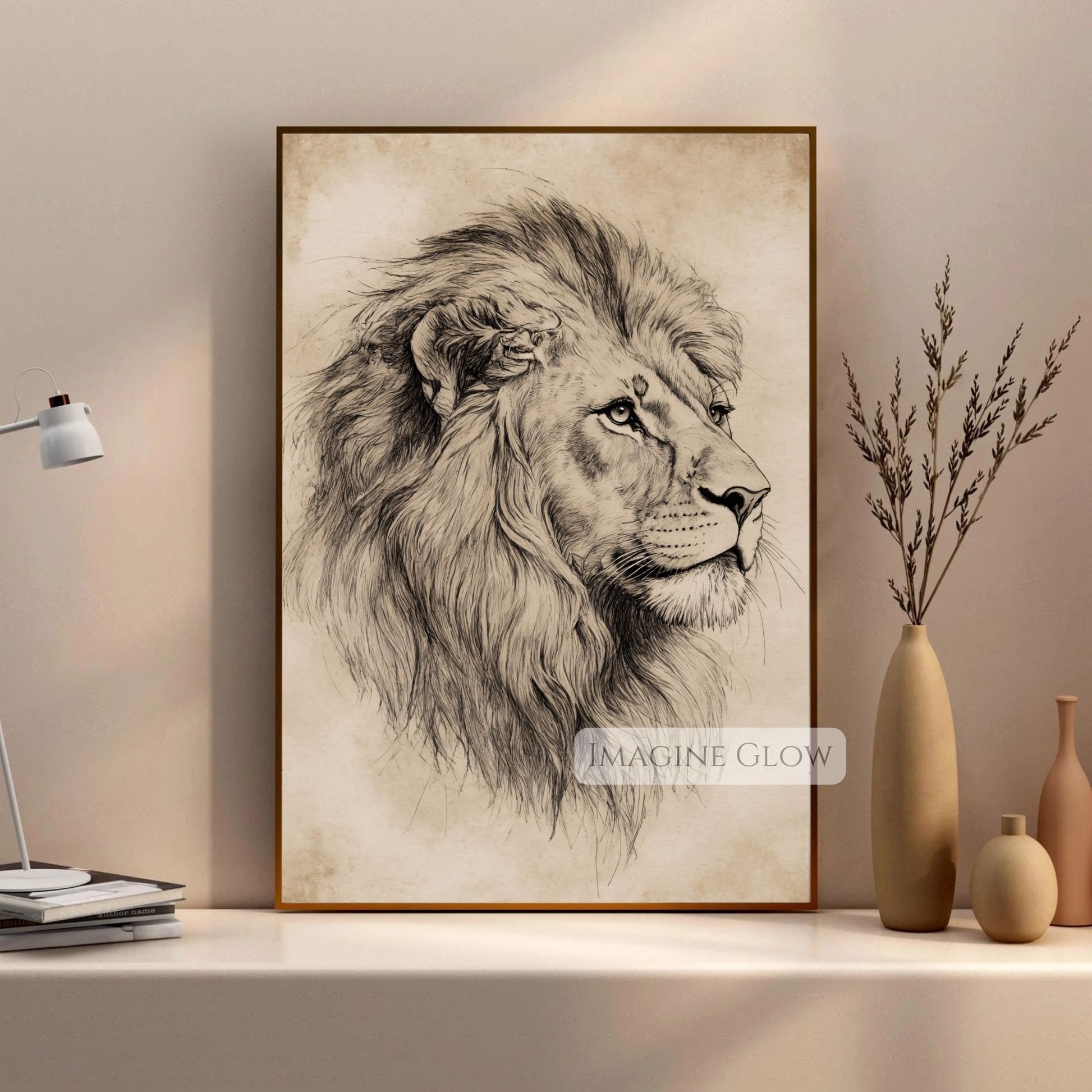 Majestic lion sketch print for animal-themed spaces.