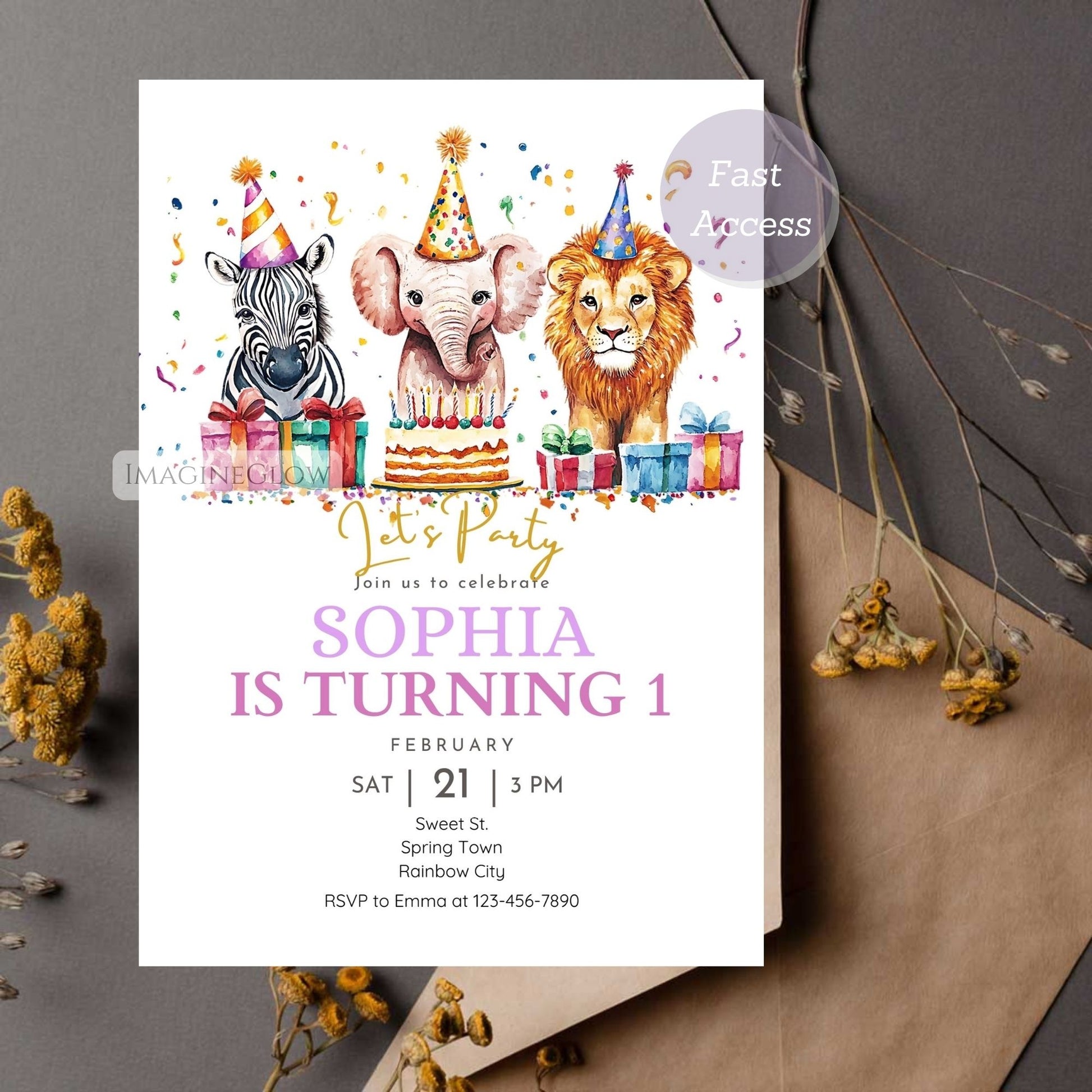 Jungle Safari Animal Invitation - Lion, Elephant & Zebra