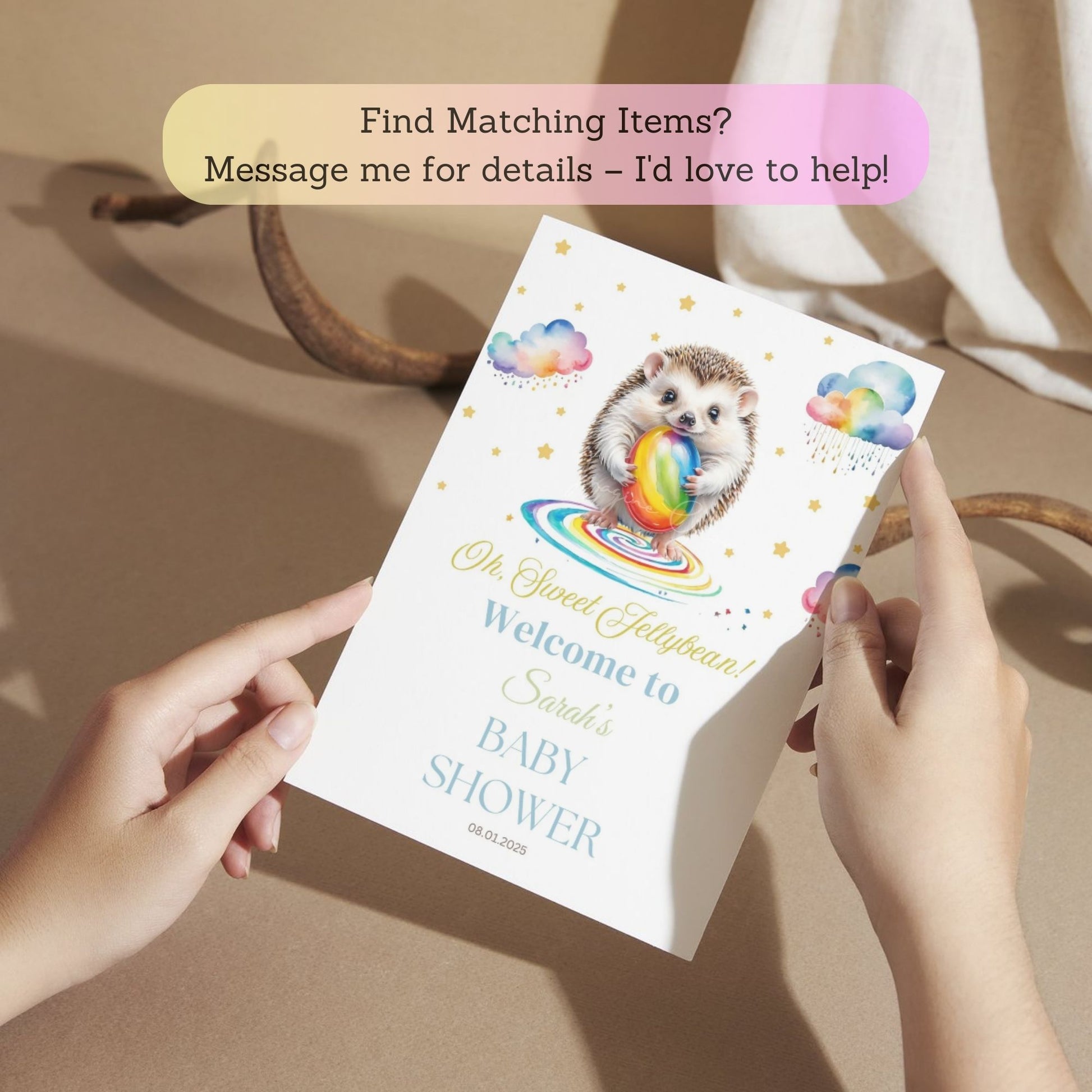 Cute hedgehog design for baby shower welcome sign.
Customizable little jellybean baby shower welcome poster.