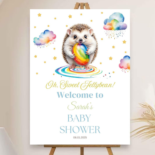 Sweet jellybean theme baby shower sign with hedgehog.