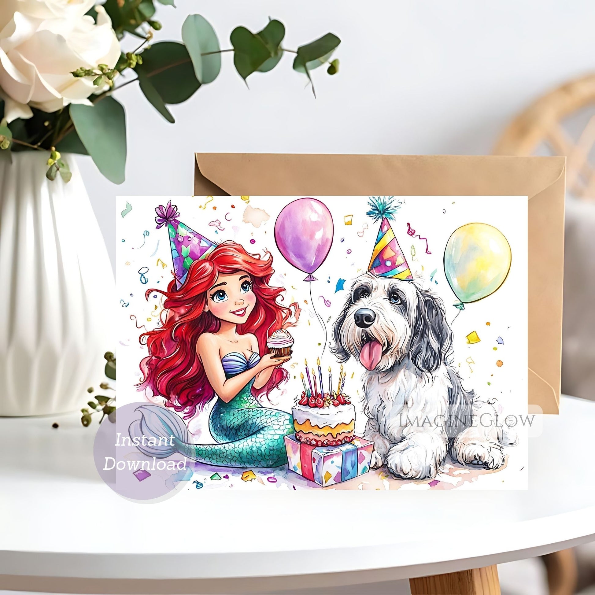Illustration of a mermaid and a dog with birthday elements on a card.
