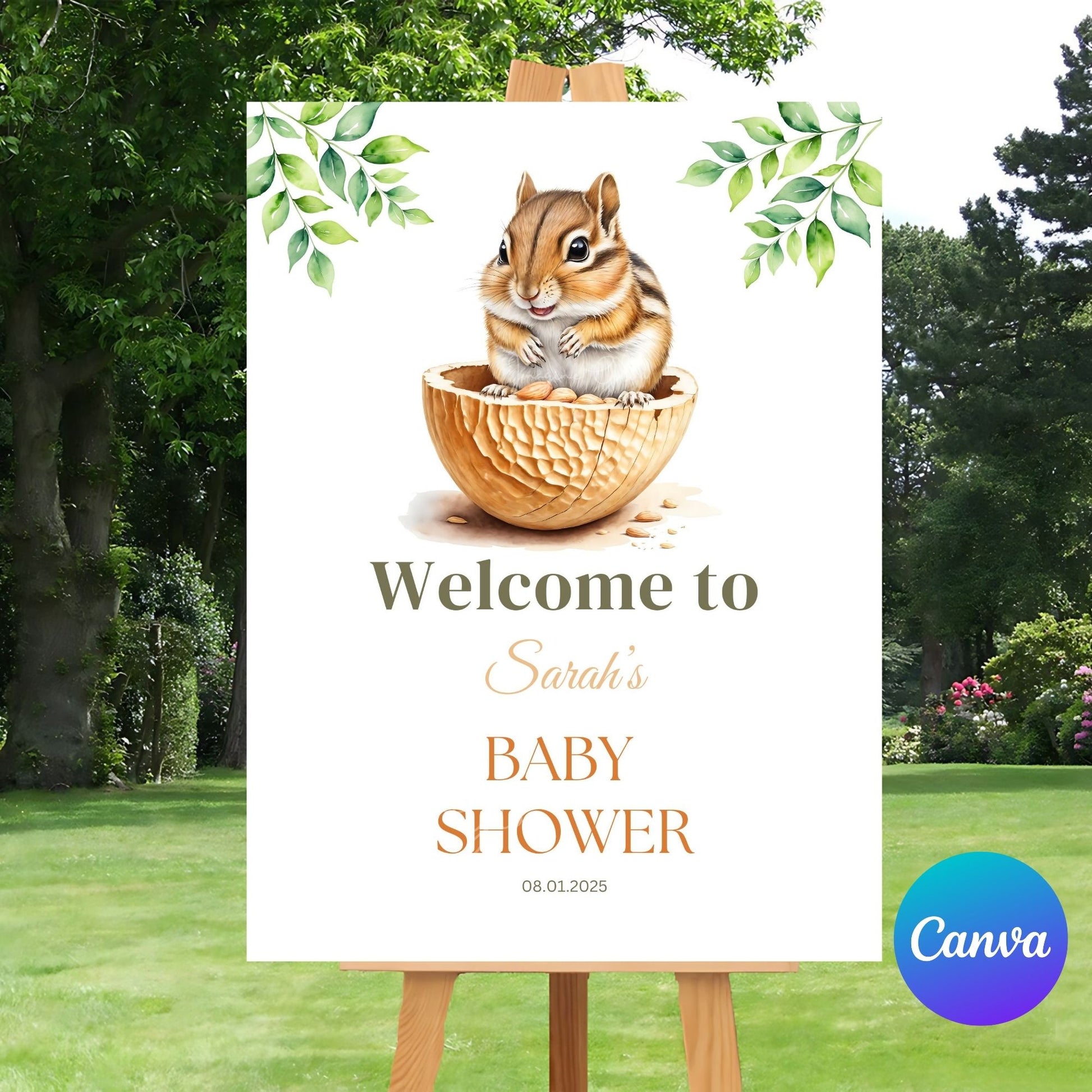 Sweet and playful Little Peanut baby shower poster with chipmunk theme.
Chipmunk-themed Little Peanut baby shower decor for a memorable celebration.
