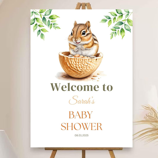 Editable Little Peanut baby shower sign with chipmunk design for custom celebration.