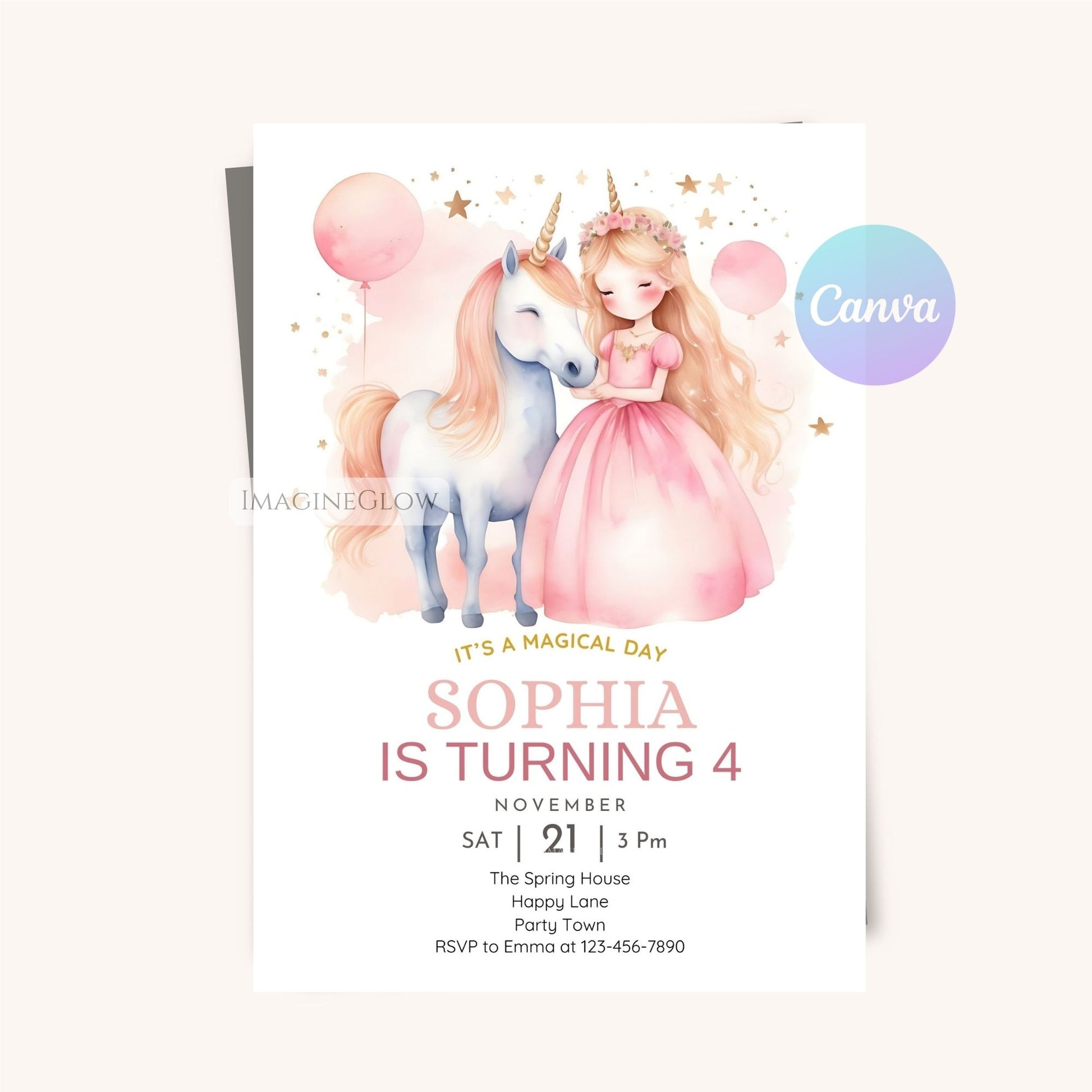 Magical unicorn birthday invitation with pastel balloons