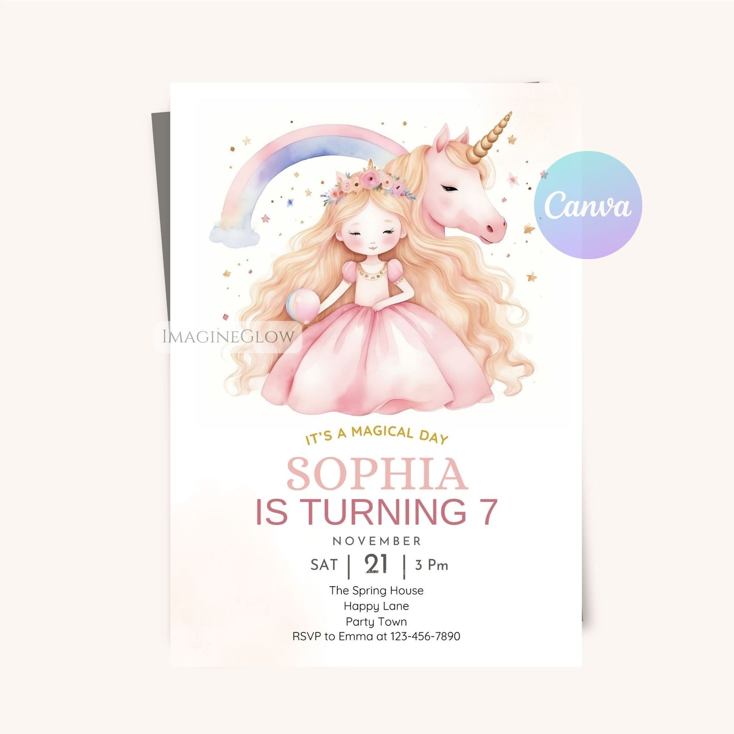 Editable unicorn & princess invitation with rainbow theme