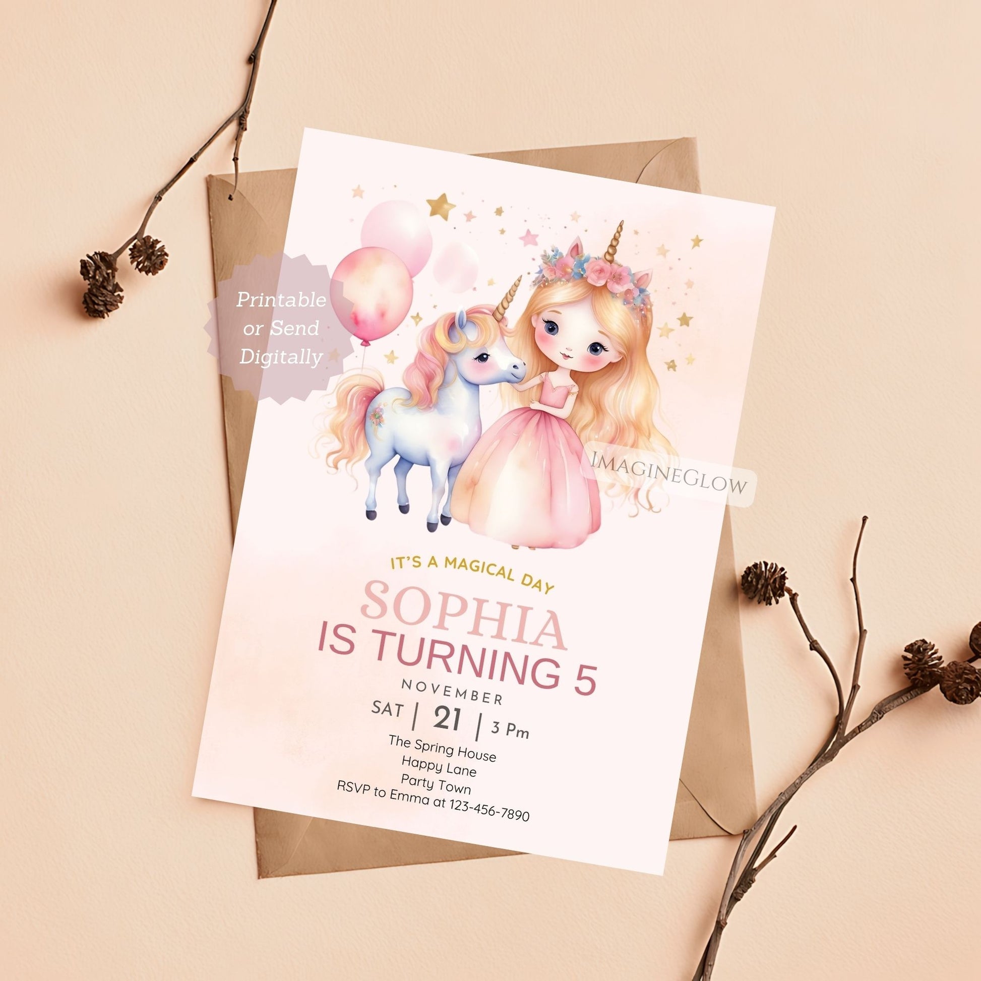 Royal princess and unicorn-themed party invite