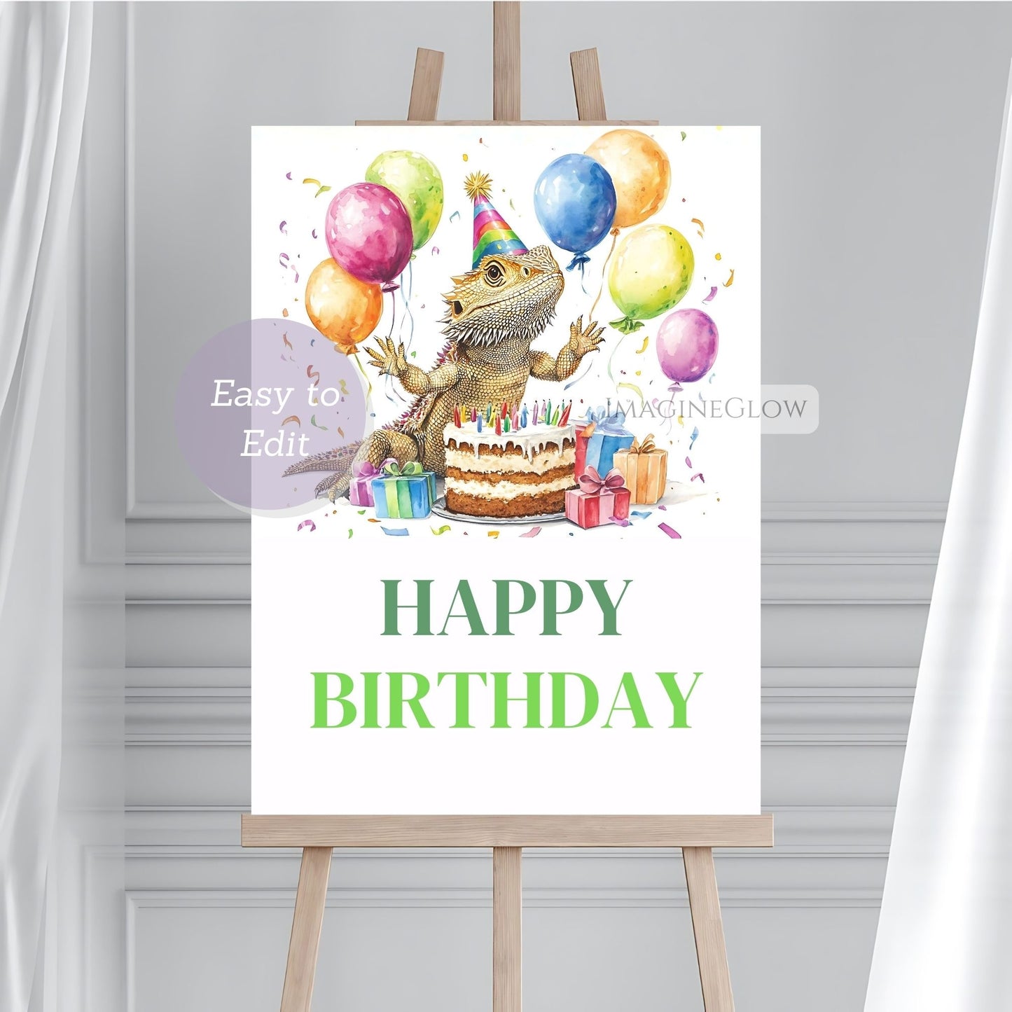Birthday card with a bearded dragon, balloons, and cake on an easel against a white background.
