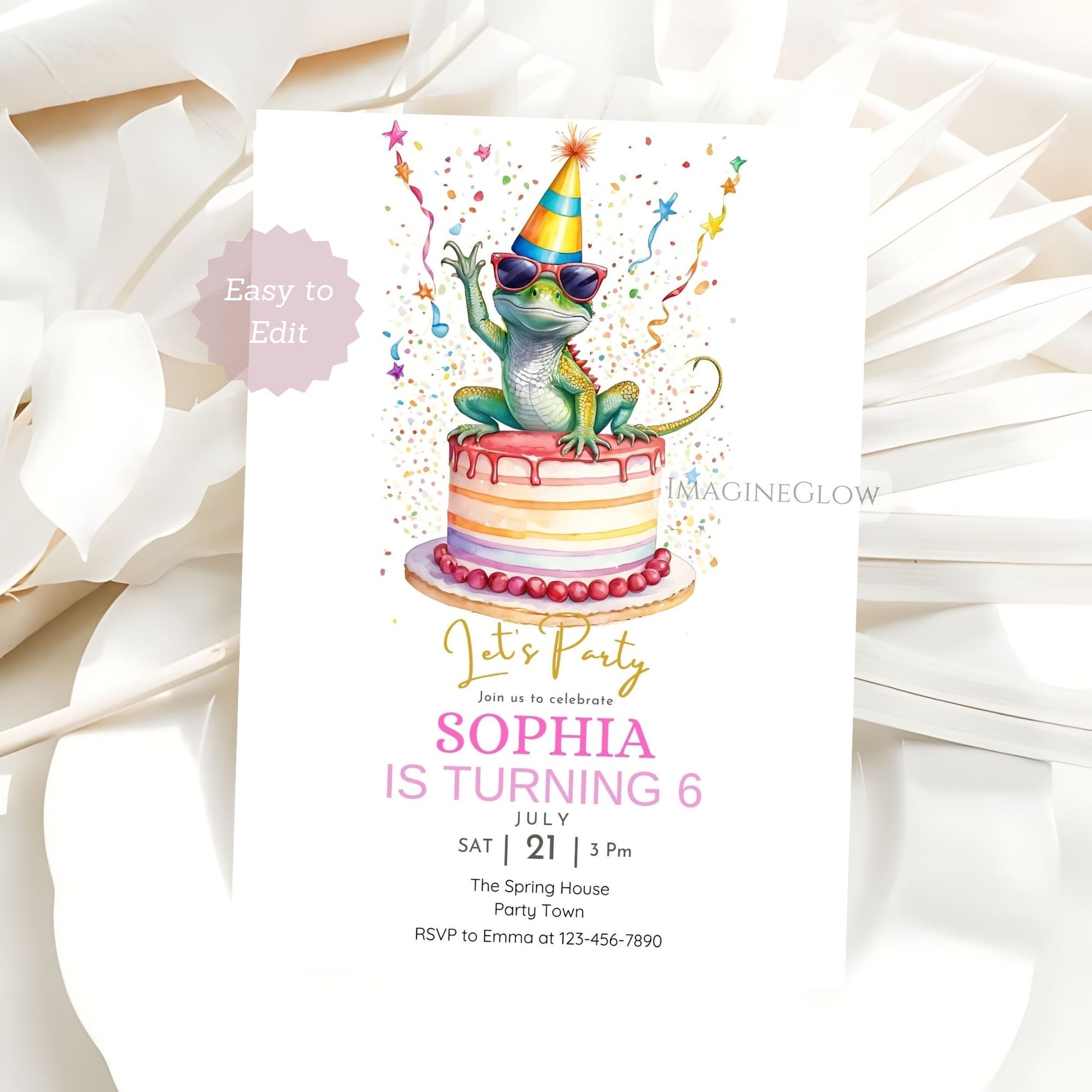 printable lizard birthday card
reptile birthday invitation for girls
lizard theme kids birthday evite