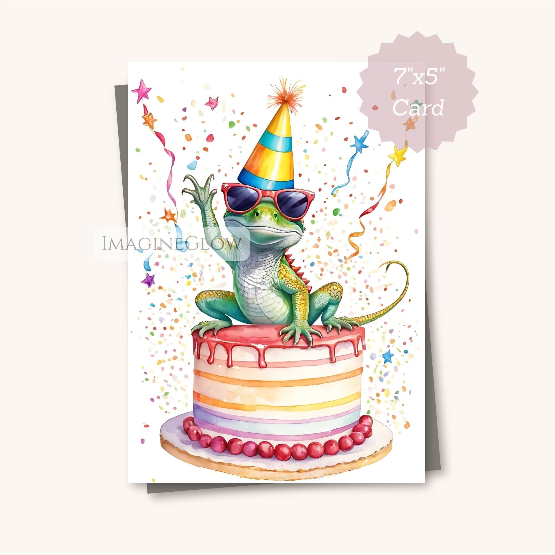 Birthday card with a lizard on a cake, wearing sunglasses and a party hat, with confetti and stars.