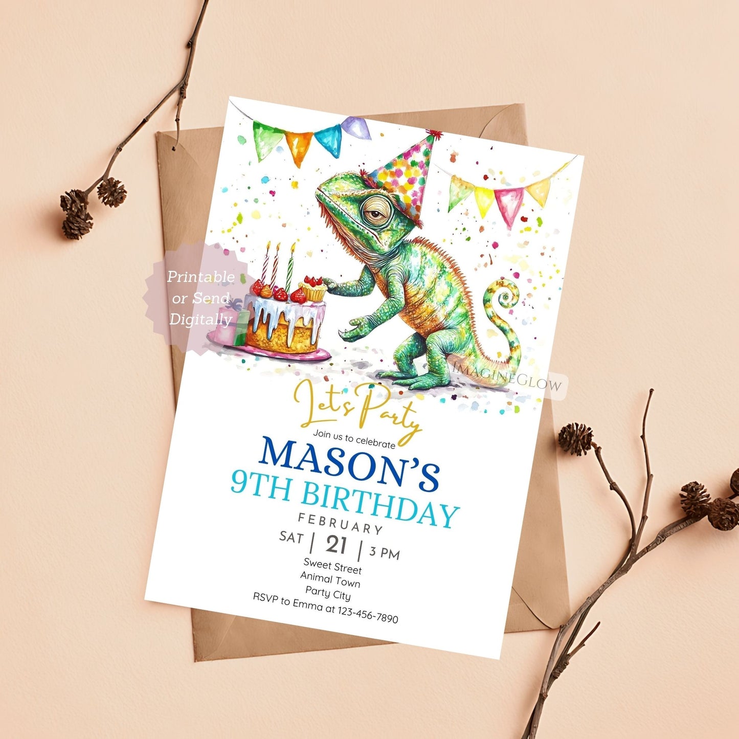 Printable chameleon birthday invite.