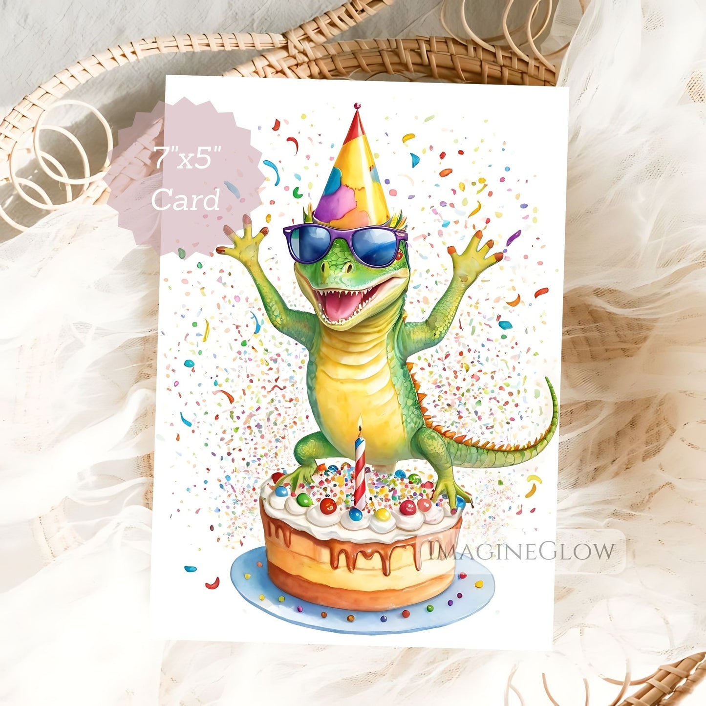 Birthday card with a cartoon lizard on a cake, wearing sunglasses and a party hat, with confetti around.