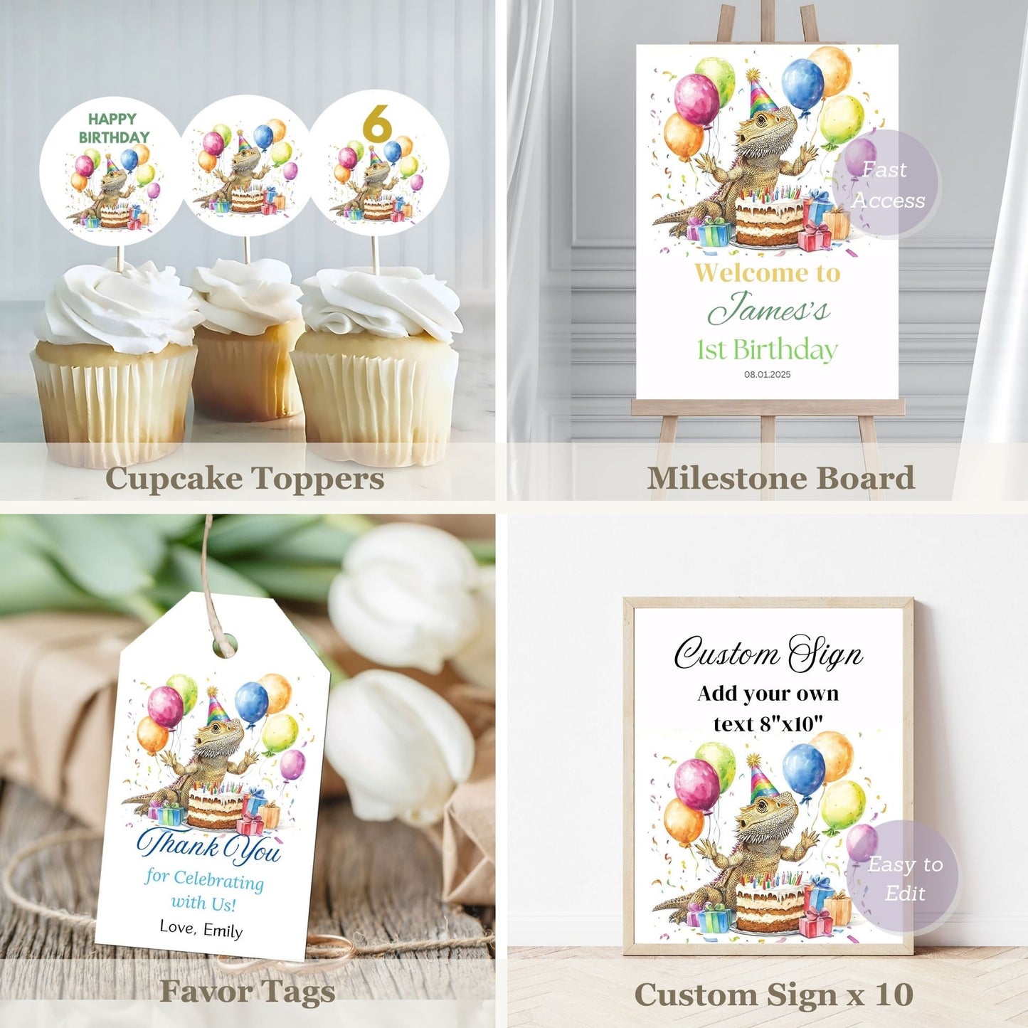 Collection of birthday party items including cupcake toppers, milestone board, favor tags, and custom signs with a bearded dragon and balloons design.