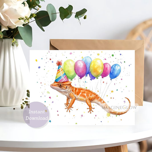 Greeting card with a lizard wearing a party hat and balloons