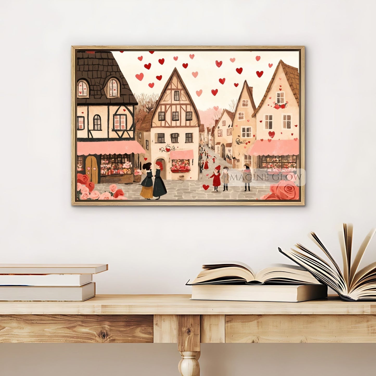 Love-themed cozy village art print for romantic decor