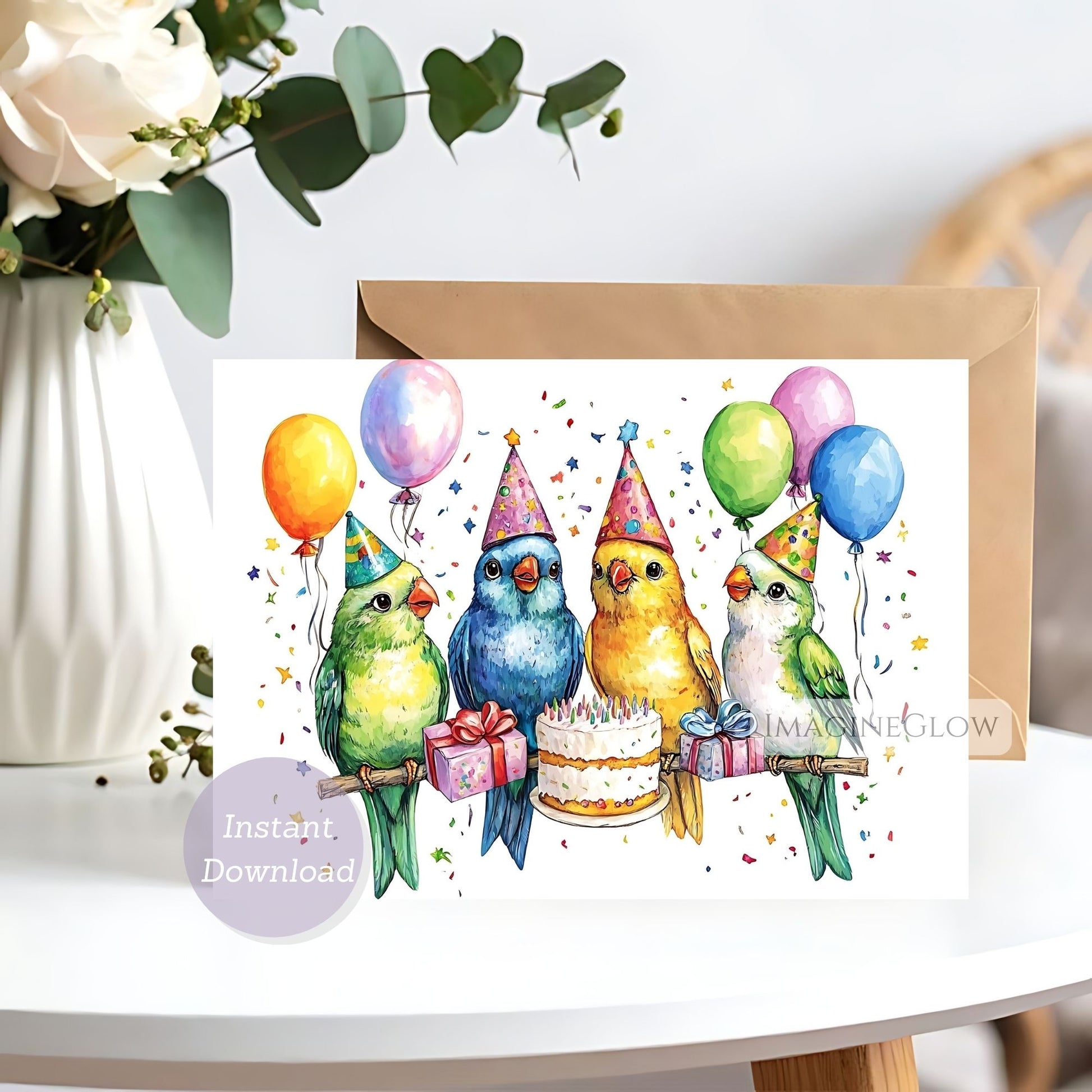 Birthday card with colorful birds, balloons, and a cake on a white surface.