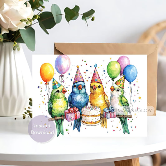 Birthday card with colorful birds, balloons, and a cake on a white surface.