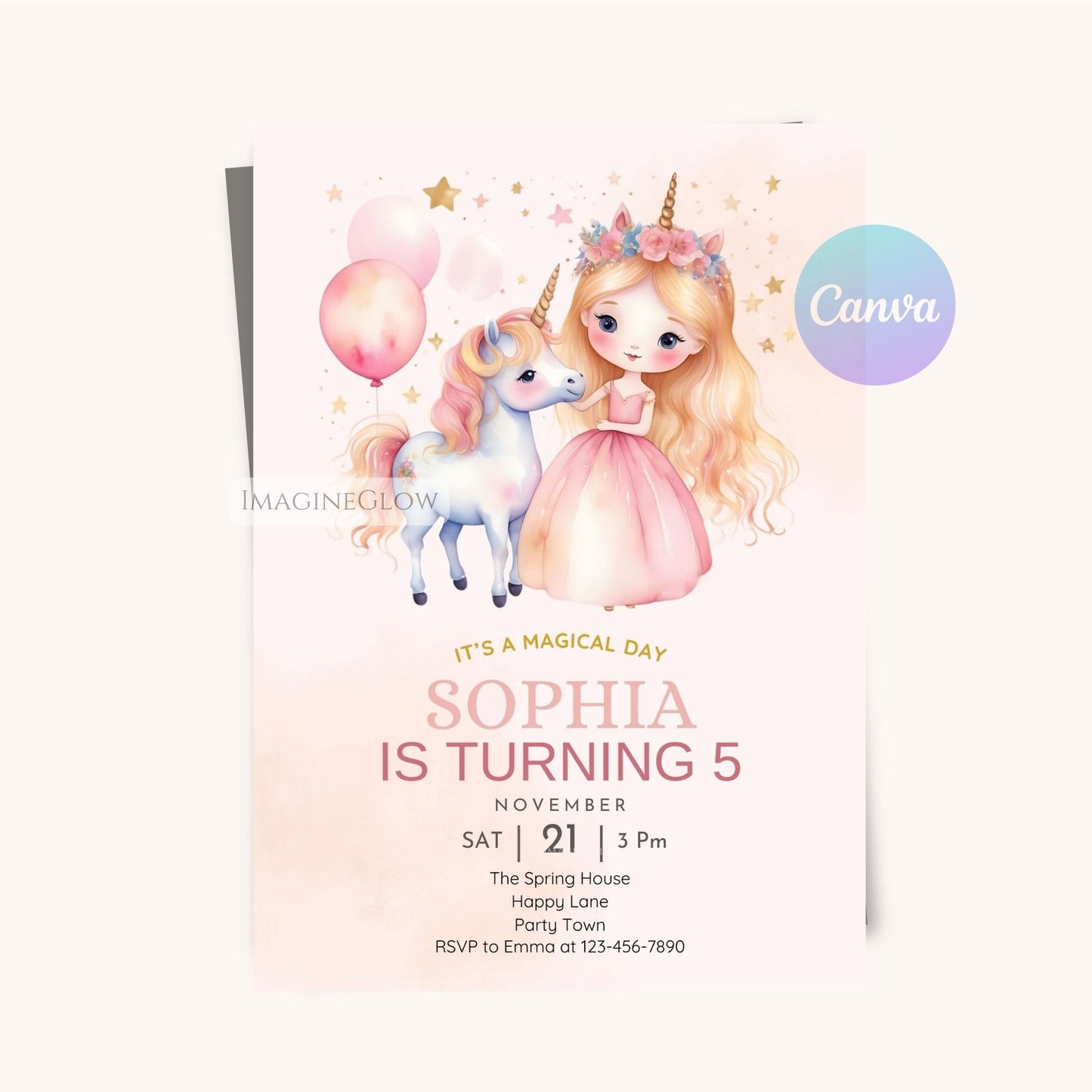 Cute pastel princess unicorn balloon party invite