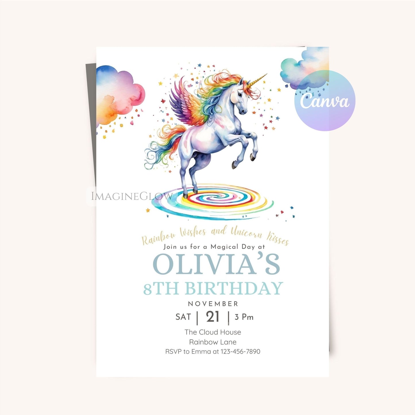 Digital rainbow unicorn birthday invitation.