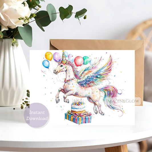 Colorful unicorn illustration with balloons and a cake on a card, placed on a surface with flowers in the background.