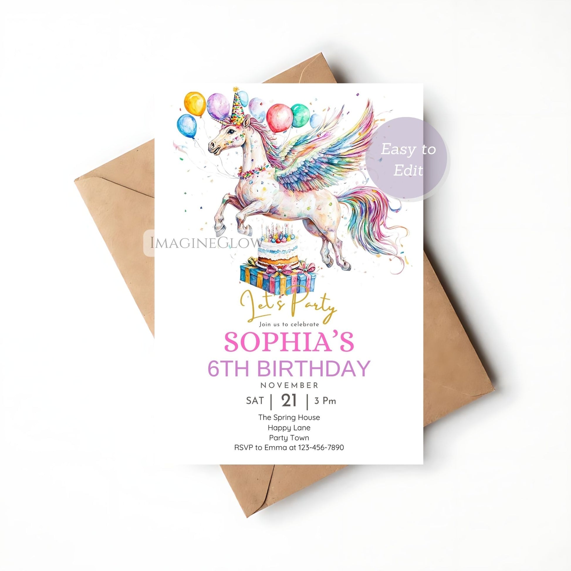 Printable Pegasus fantasy birthday invitation