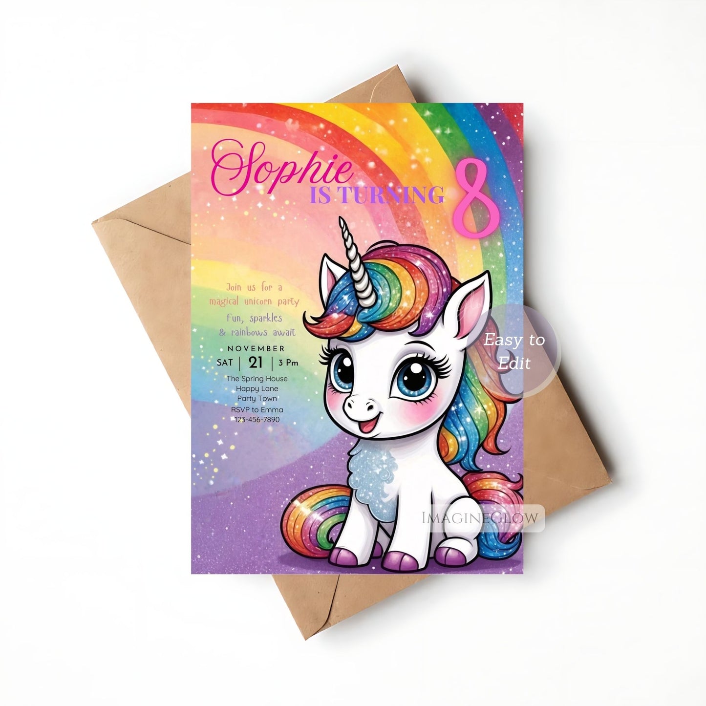 Fantasy-themed unicorn invitation for kids' birthdays.