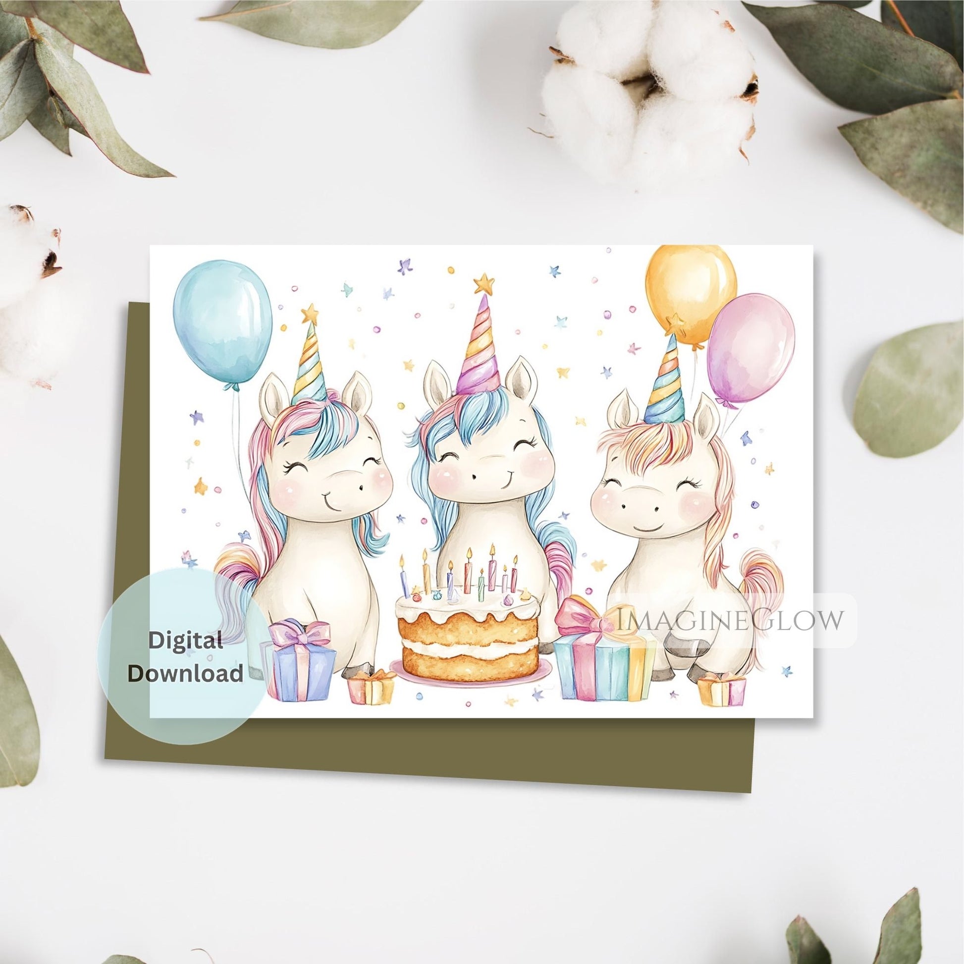 Card with cartoon unicorns celebrating a birthday, featuring balloons and a cake, on a white background.