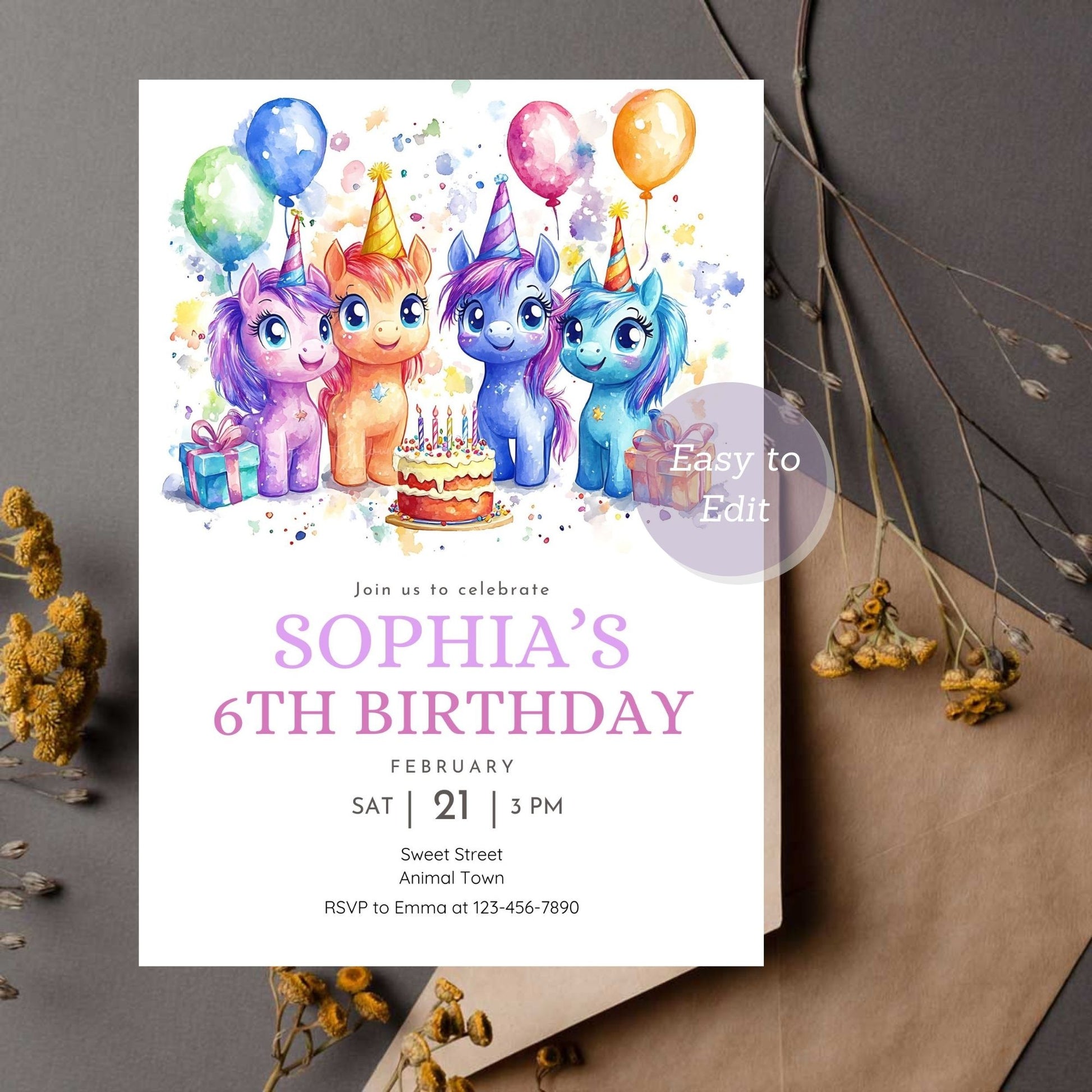 Customizable unicorn birthday invitation for a girls' party.
Rainbow unicorn-themed party invite for a whimsical birthday.