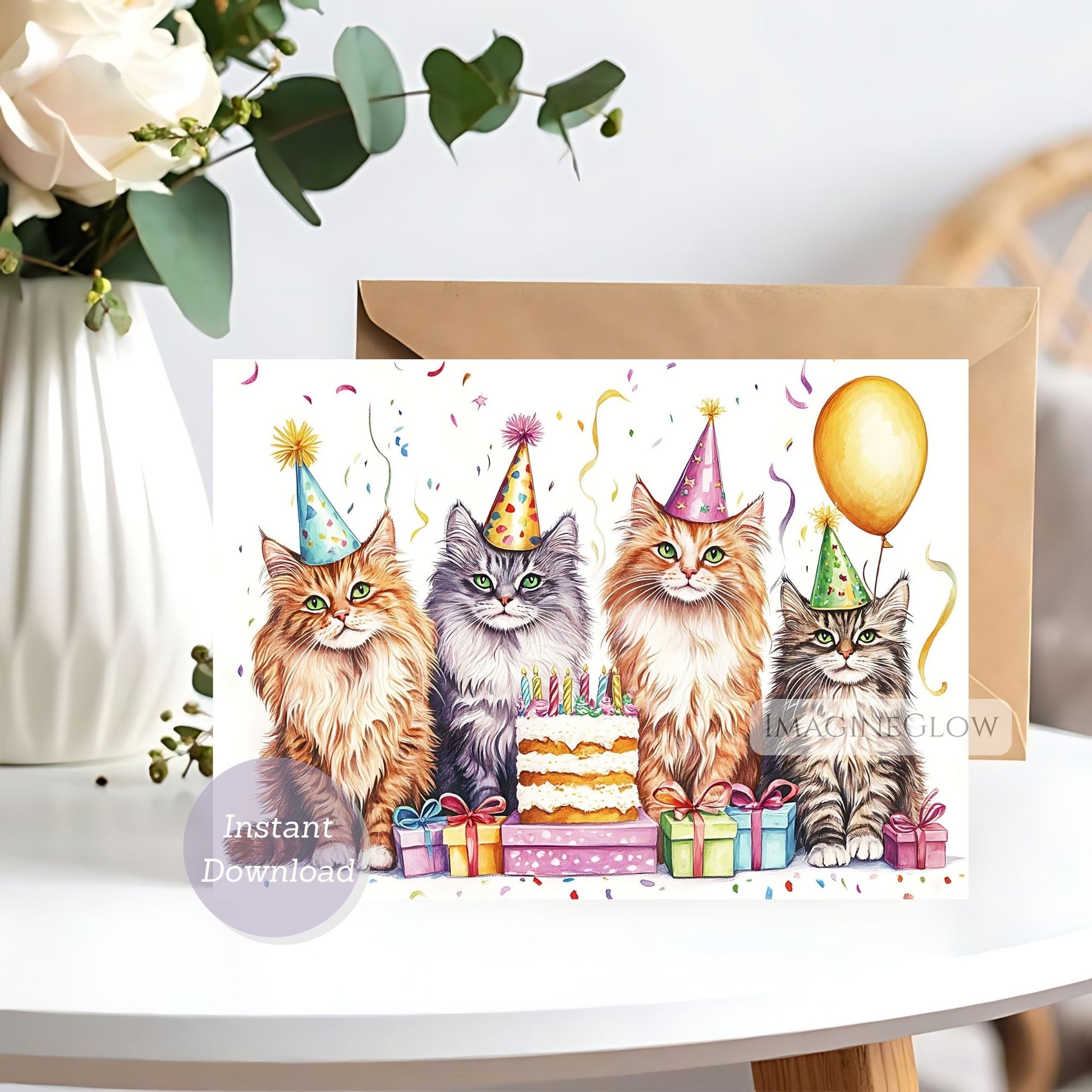 Maine Coon cat birthday card digital download